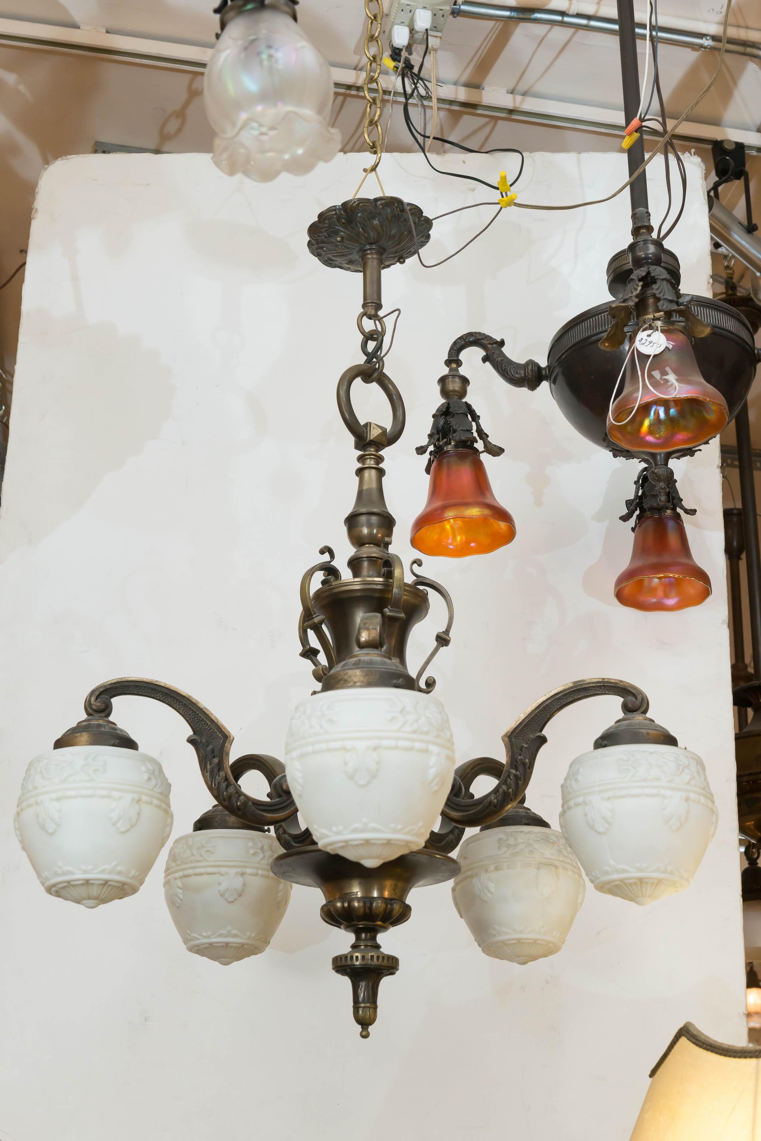 Five-Arm Bronze Edwardian Chandelier, White Embossed Acorn Style Glass Shades 5