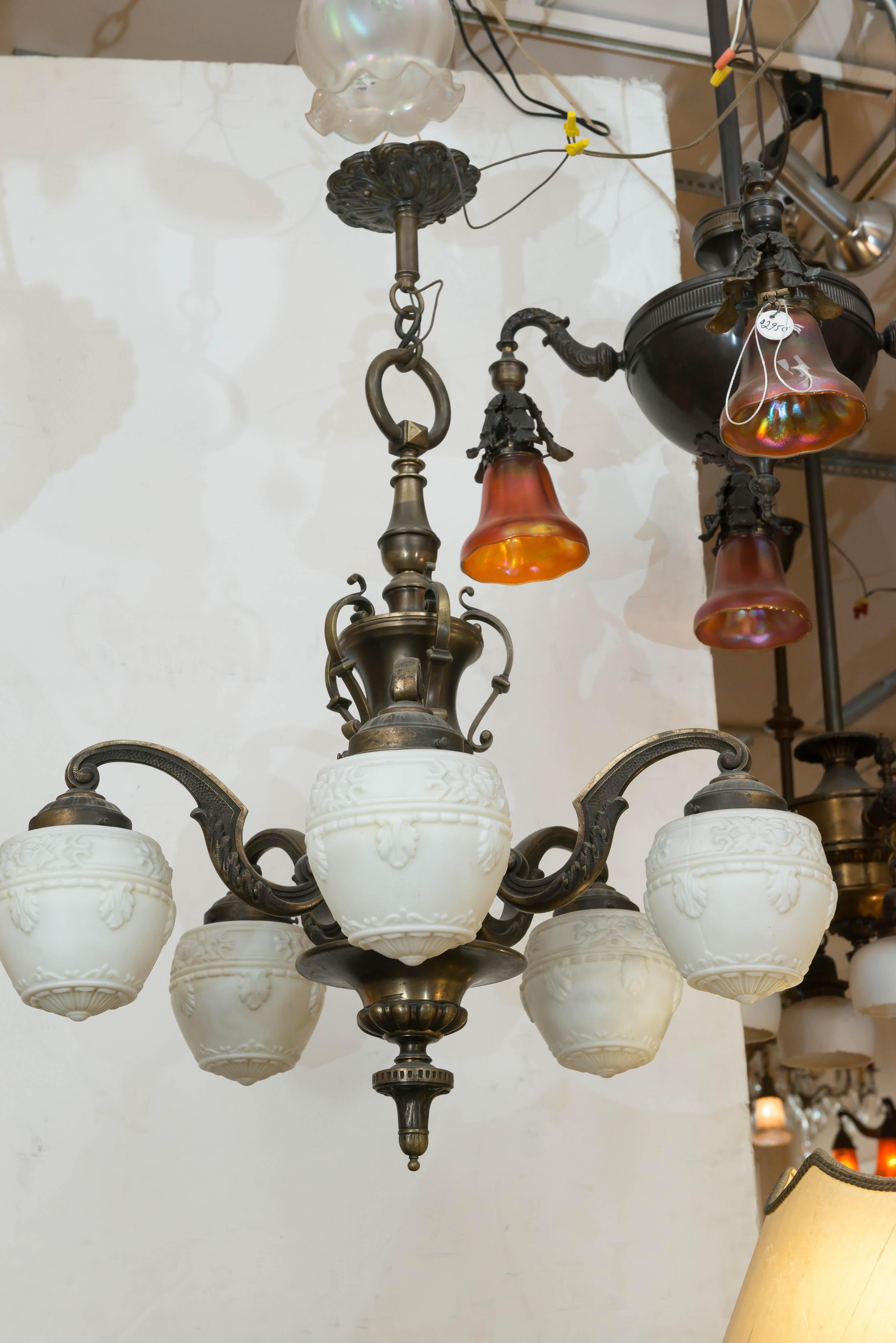 Five-Arm Bronze Edwardian Chandelier, White Embossed Acorn Style Glass Shades 1