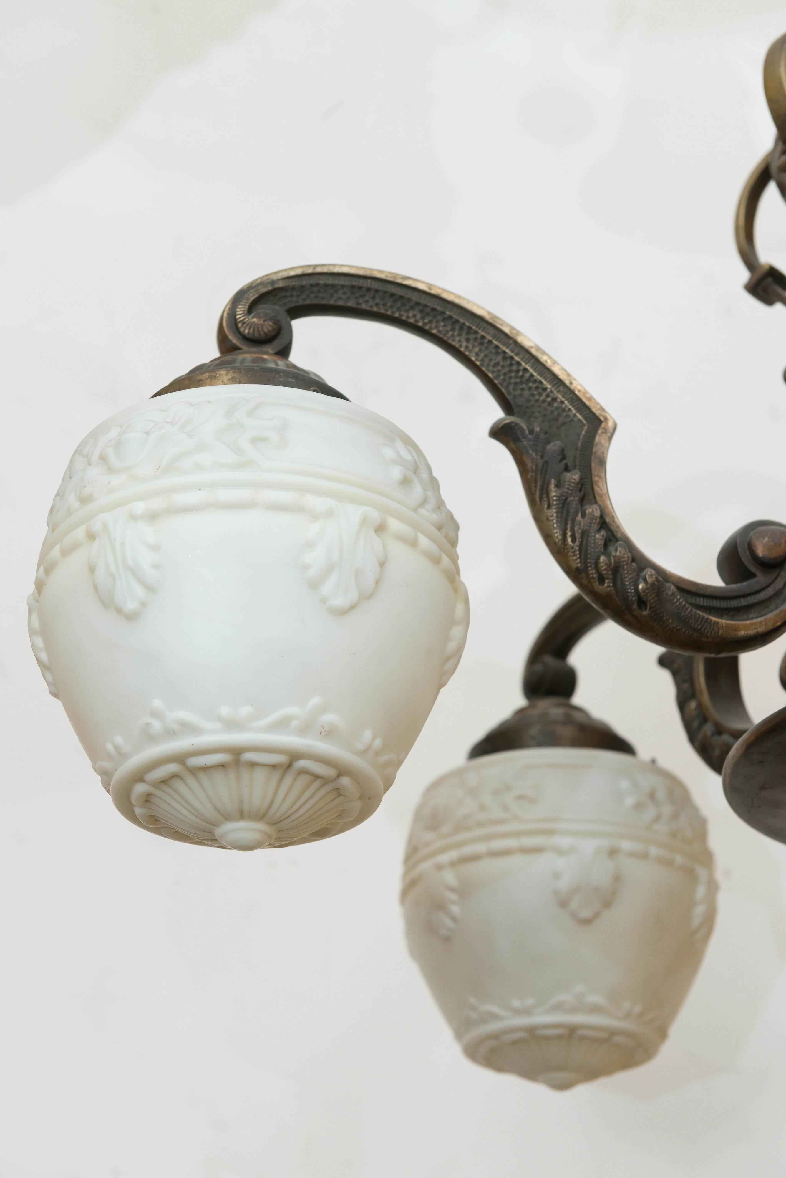 Five-Arm Bronze Edwardian Chandelier, White Embossed Acorn Style Glass Shades 2