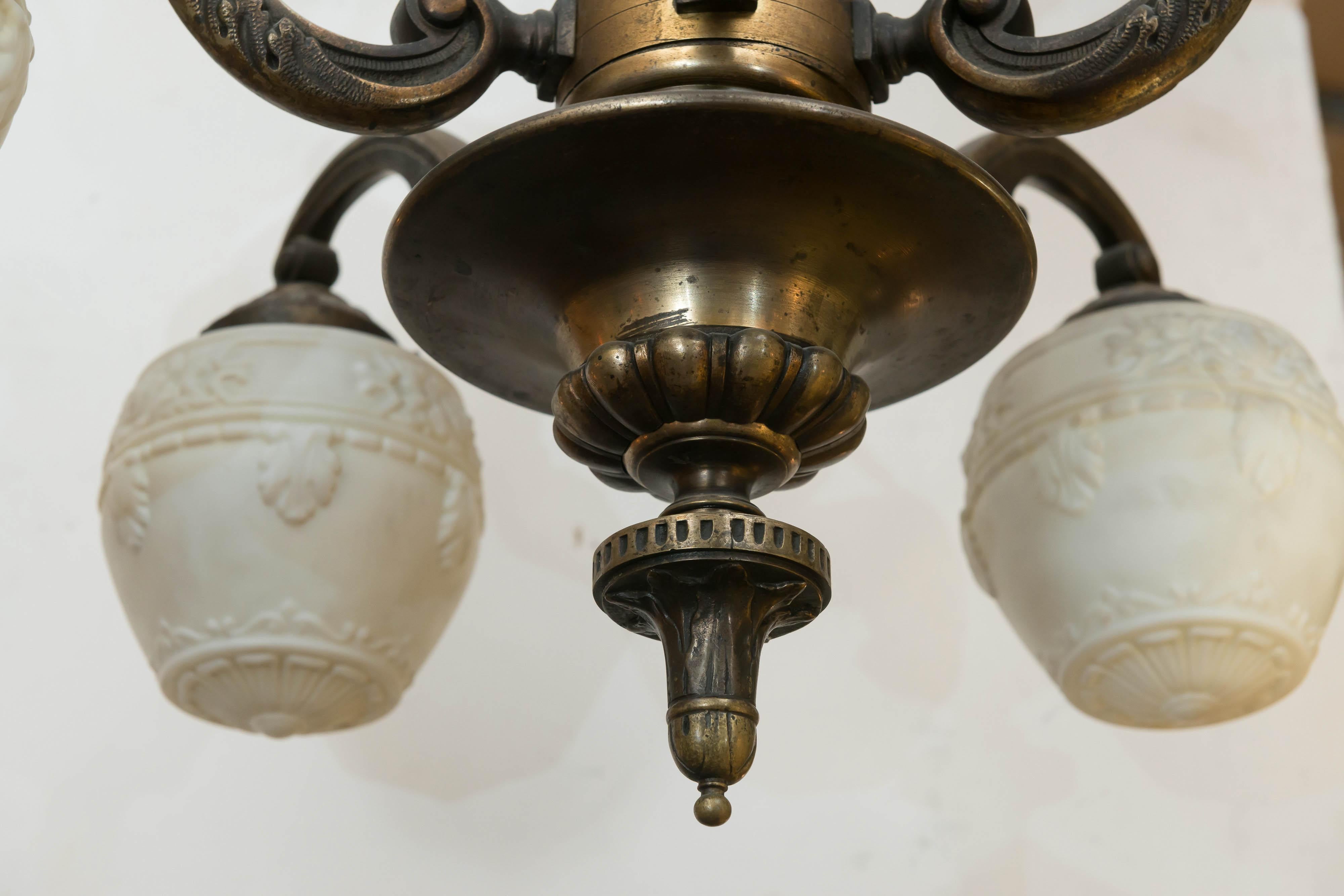 Five-Arm Bronze Edwardian Chandelier, White Embossed Acorn Style Glass Shades 3