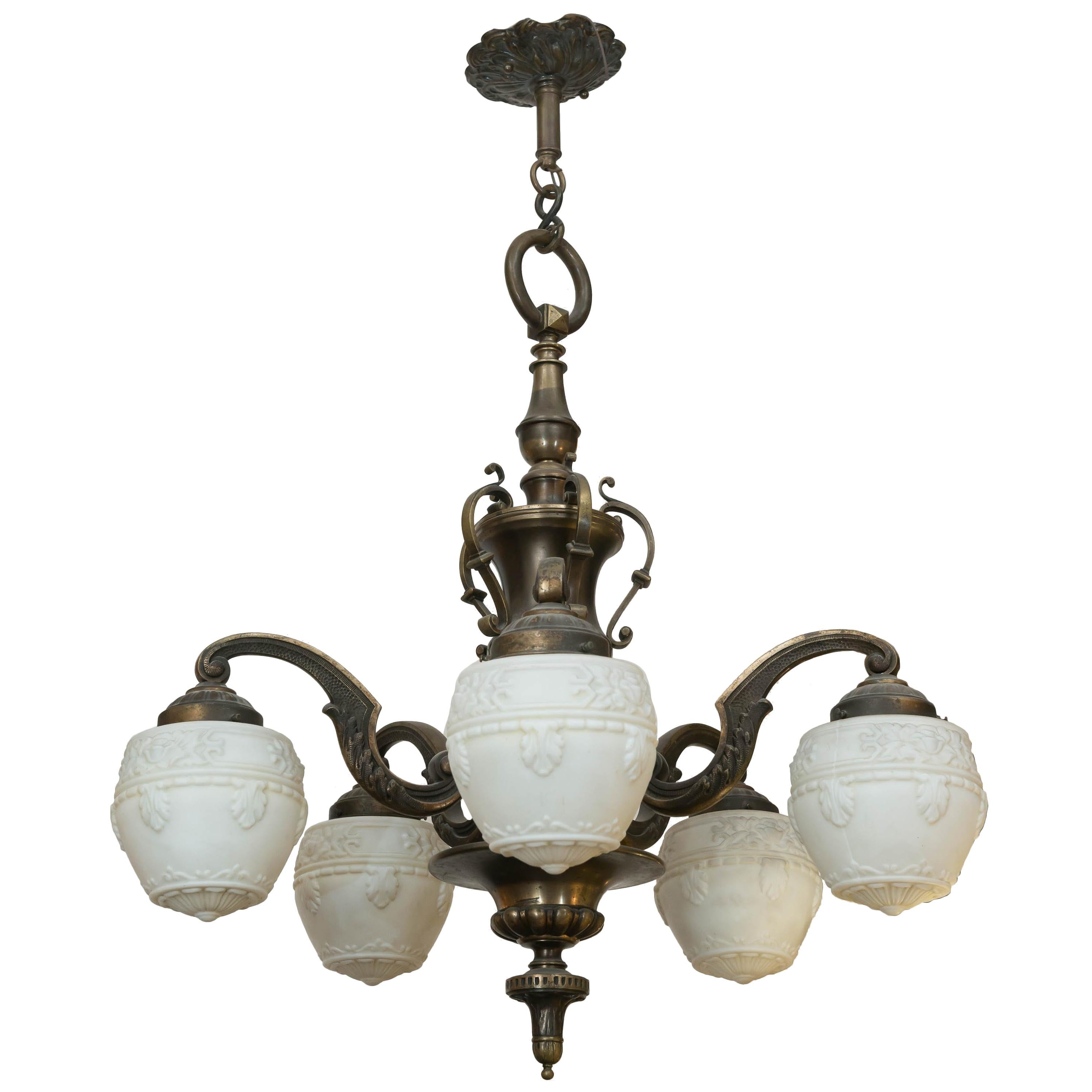 Five-Arm Bronze Edwardian Chandelier, White Embossed Acorn Style Glass Shades