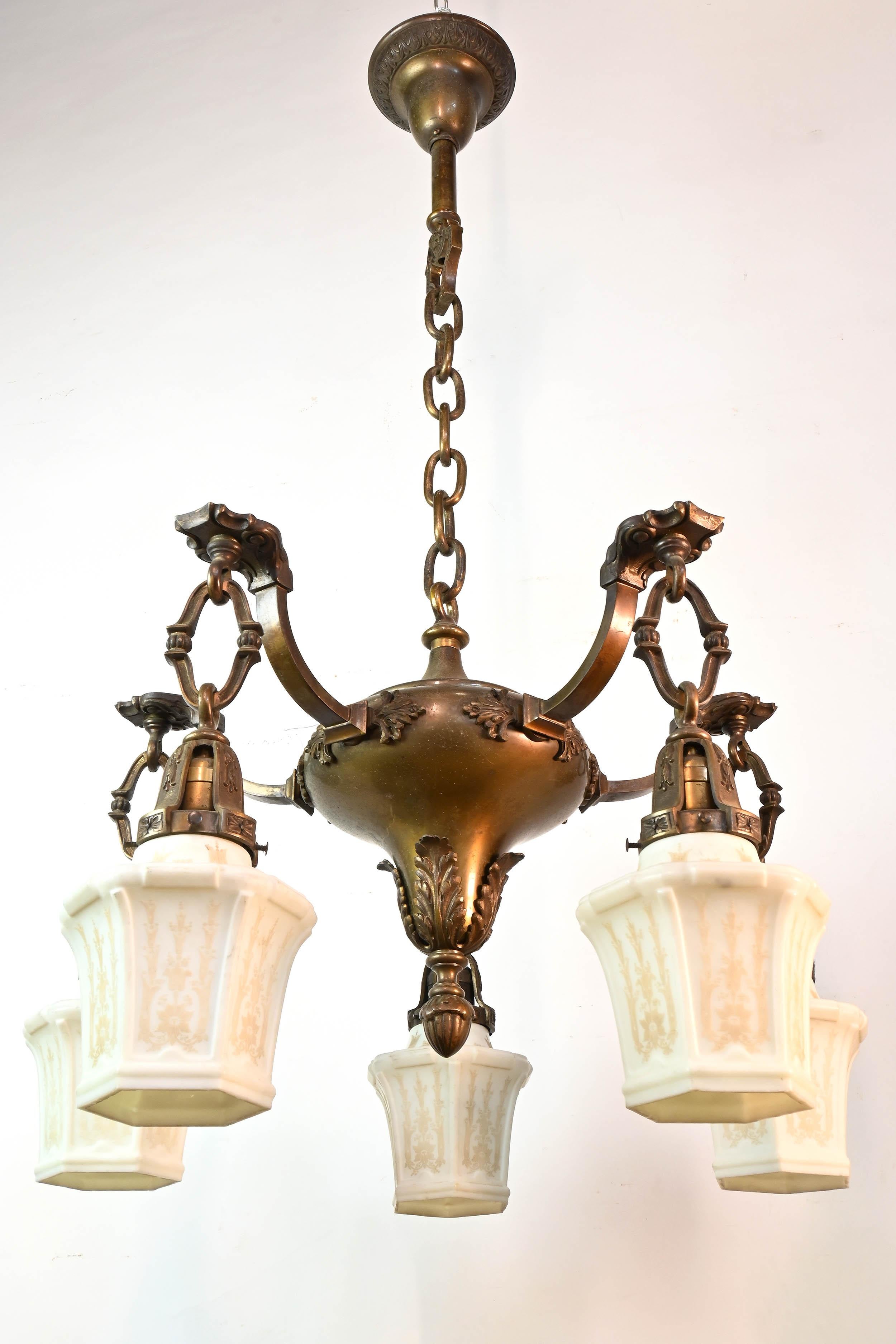 American Empire Five-Arm Cast Brass Chandelier with Original Etched Shades For Sale