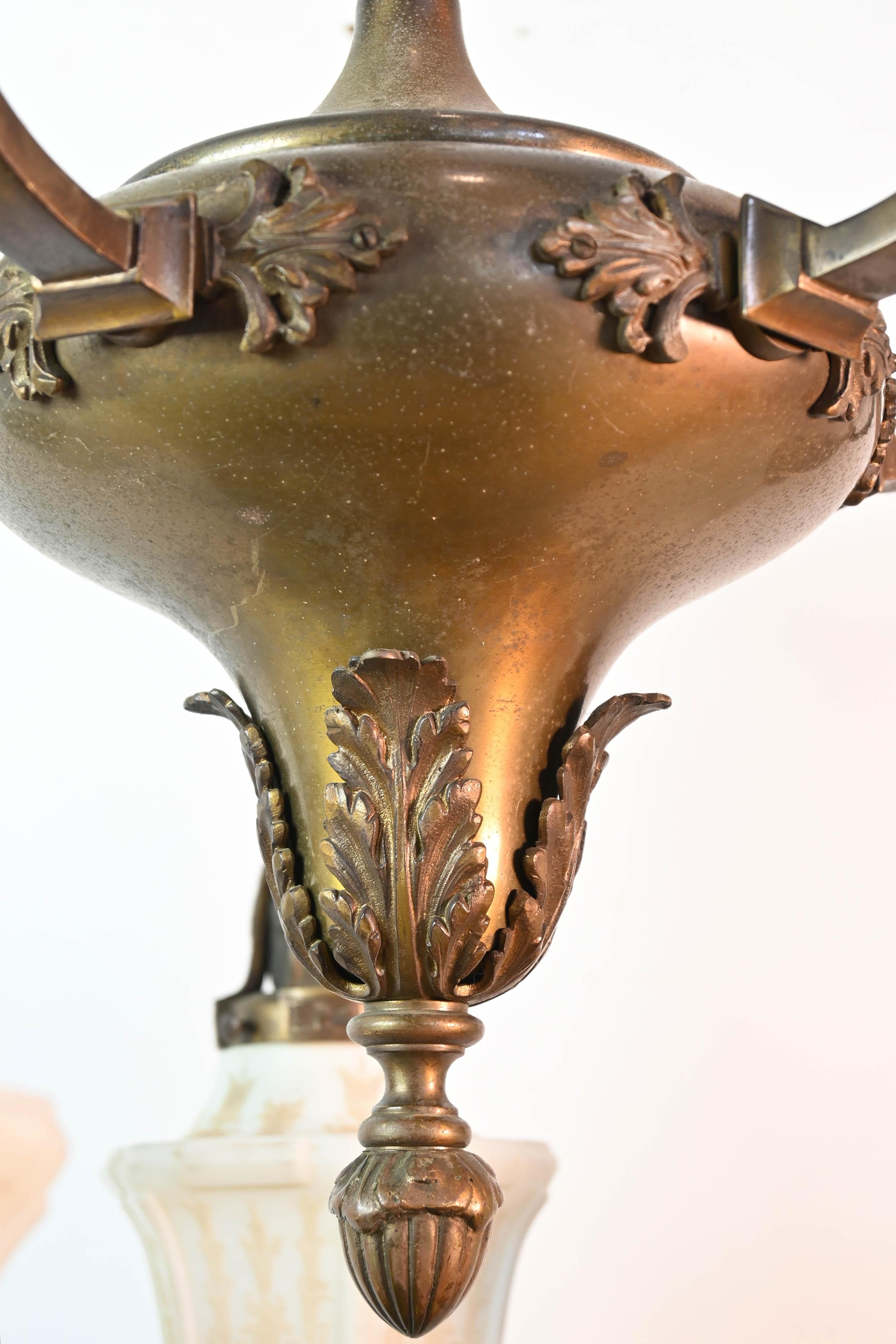 Five-Arm Cast Brass Chandelier with Original Etched Shades In Good Condition For Sale In Minneapolis, MN