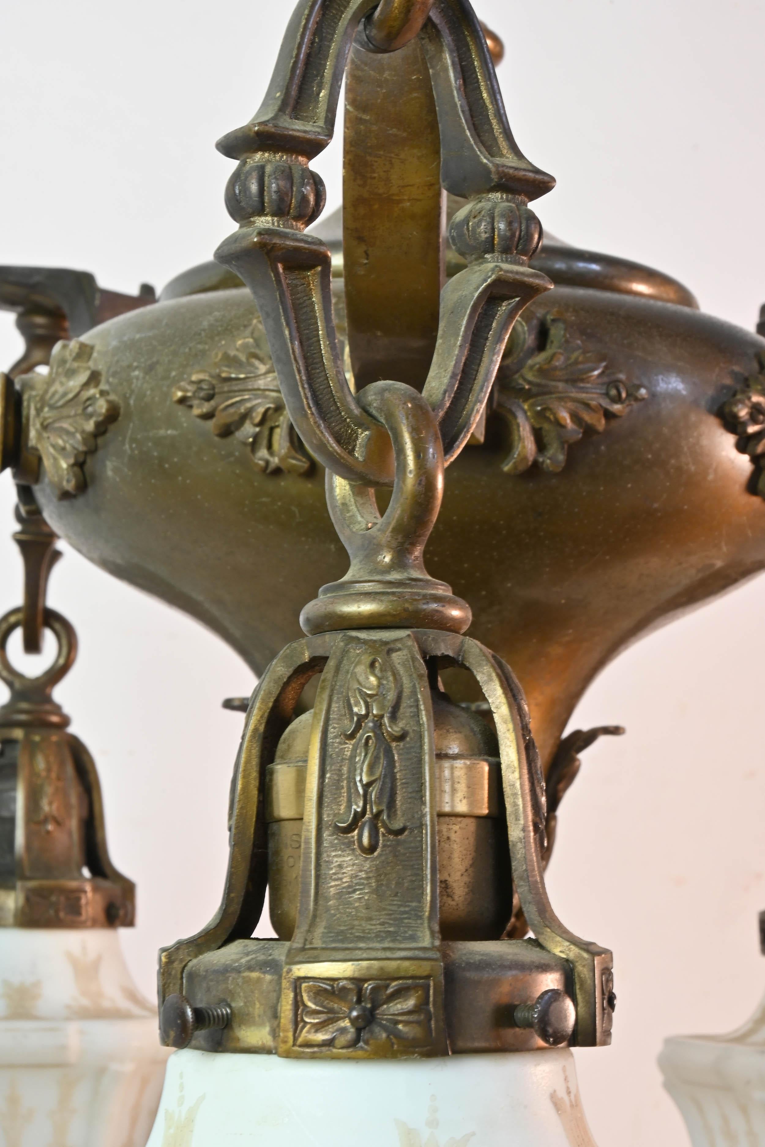 19th Century Five-Arm Cast Brass Chandelier with Original Etched Shades For Sale