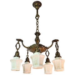 Antique Five-Arm Cast Brass Chandelier with Original Etched Shades