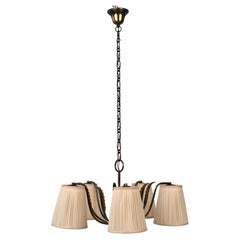 Five Arm Chandelier in Brass with Silk Shades from Josef Frank