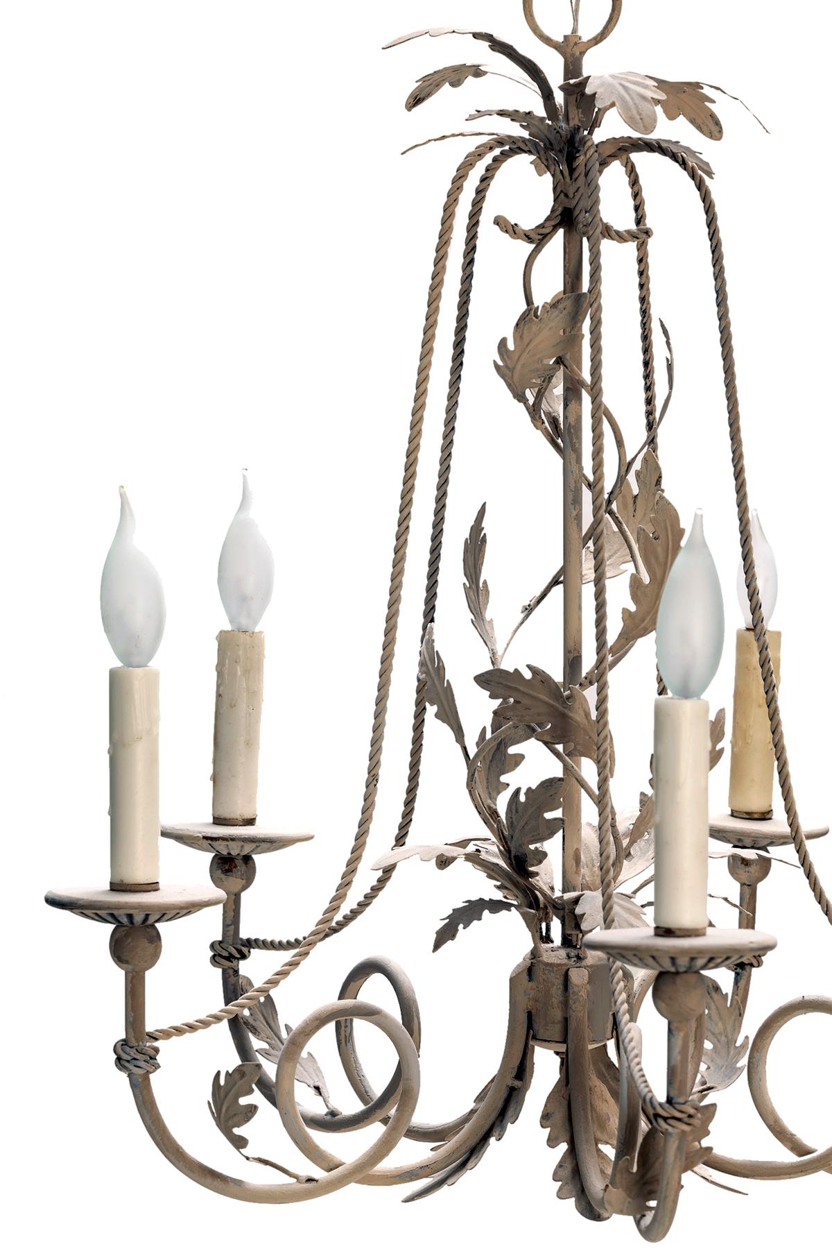 Hand-Crafted Five Arm Iron Oak Leaf Metal Chandelier/ Wood Candle Cups For Sale