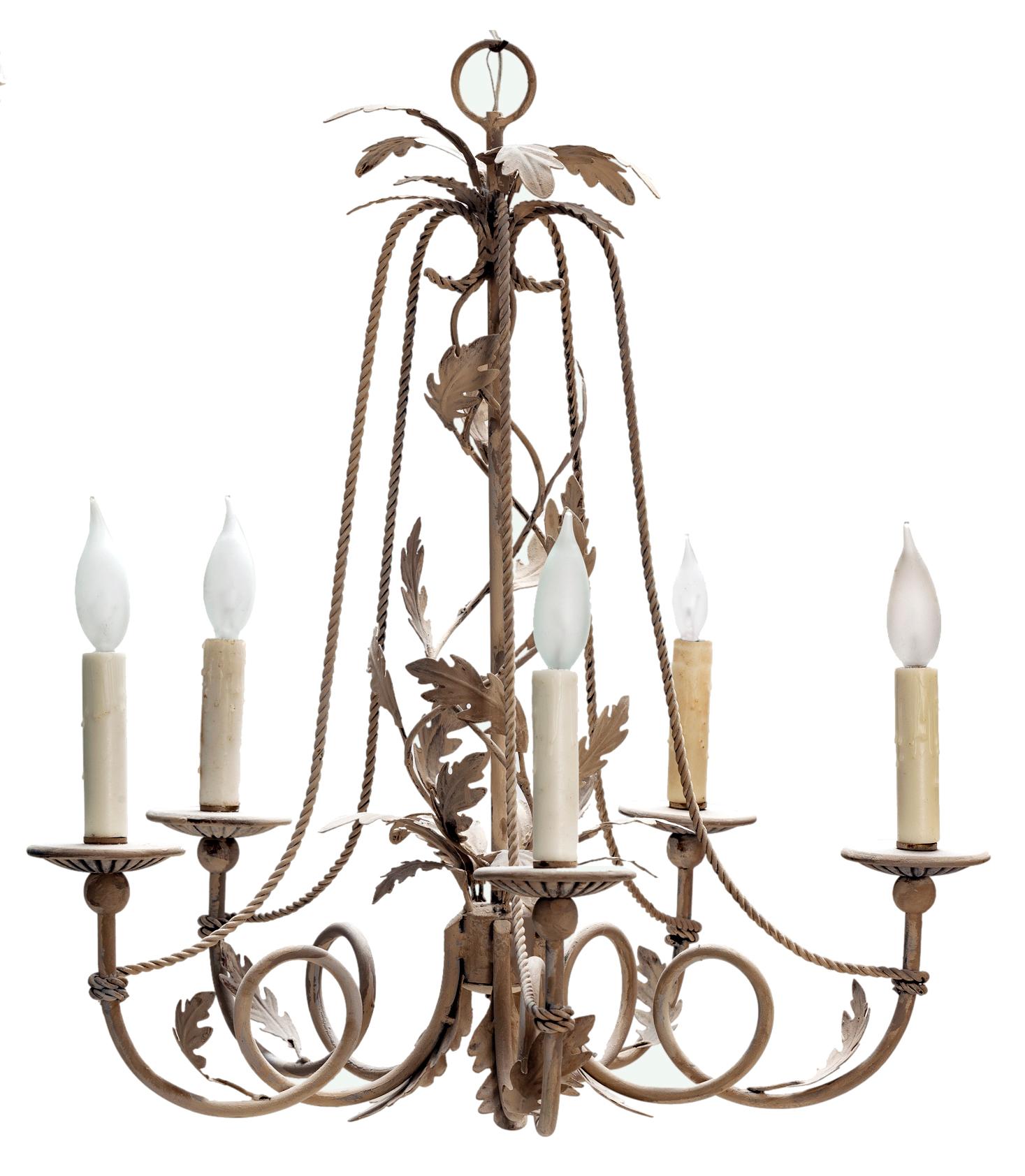 Five Arm Iron Oak Leaf Metal Chandelier/ Wood Candle Cups In Good Condition For Sale In Malibu, CA