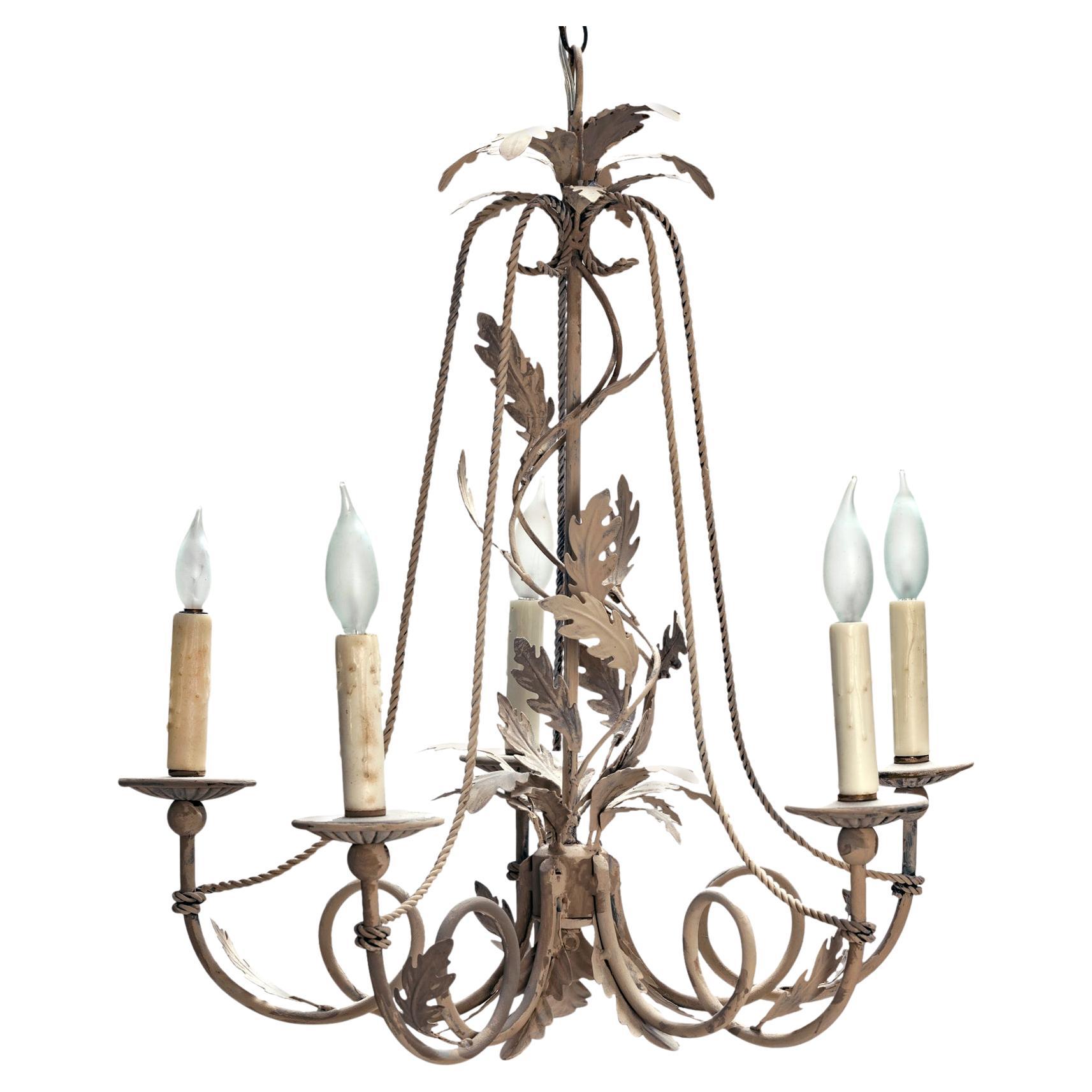 Five Arm Iron Oak Leaf Metal Chandelier/ Wood Candle Cups For Sale