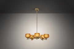 Five-Arm Model "1443/5" Brass & Glass Chandelier by Paavo Tynell, Finland 1930s
