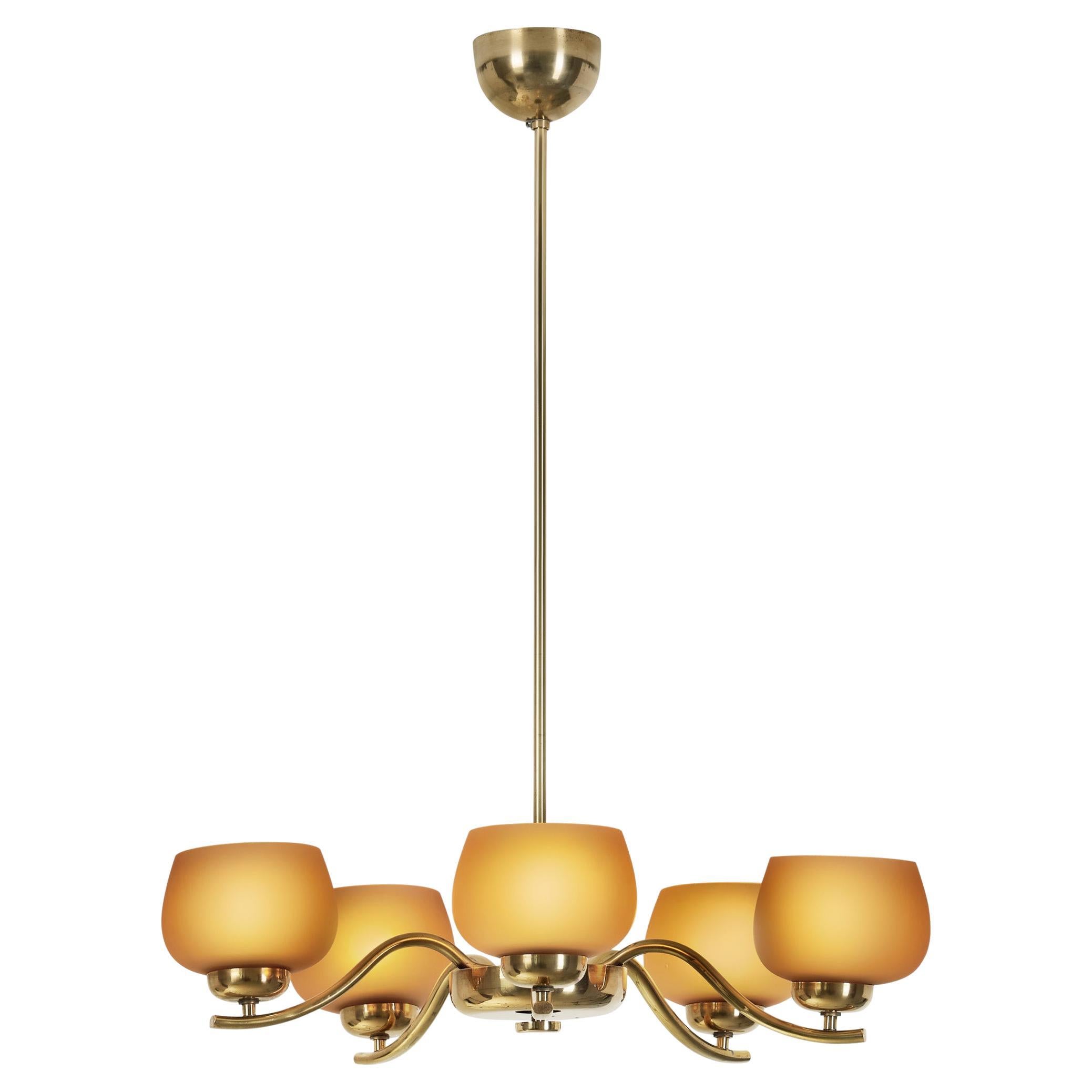 Five-Arm Model "1443/5" Brass & Glass Chandelier by Paavo Tynell, Finland 1930s For Sale