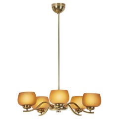 Five-Arm Model "1443/5" Brass & Glass Chandelier by Paavo Tynell, Finland 1930s