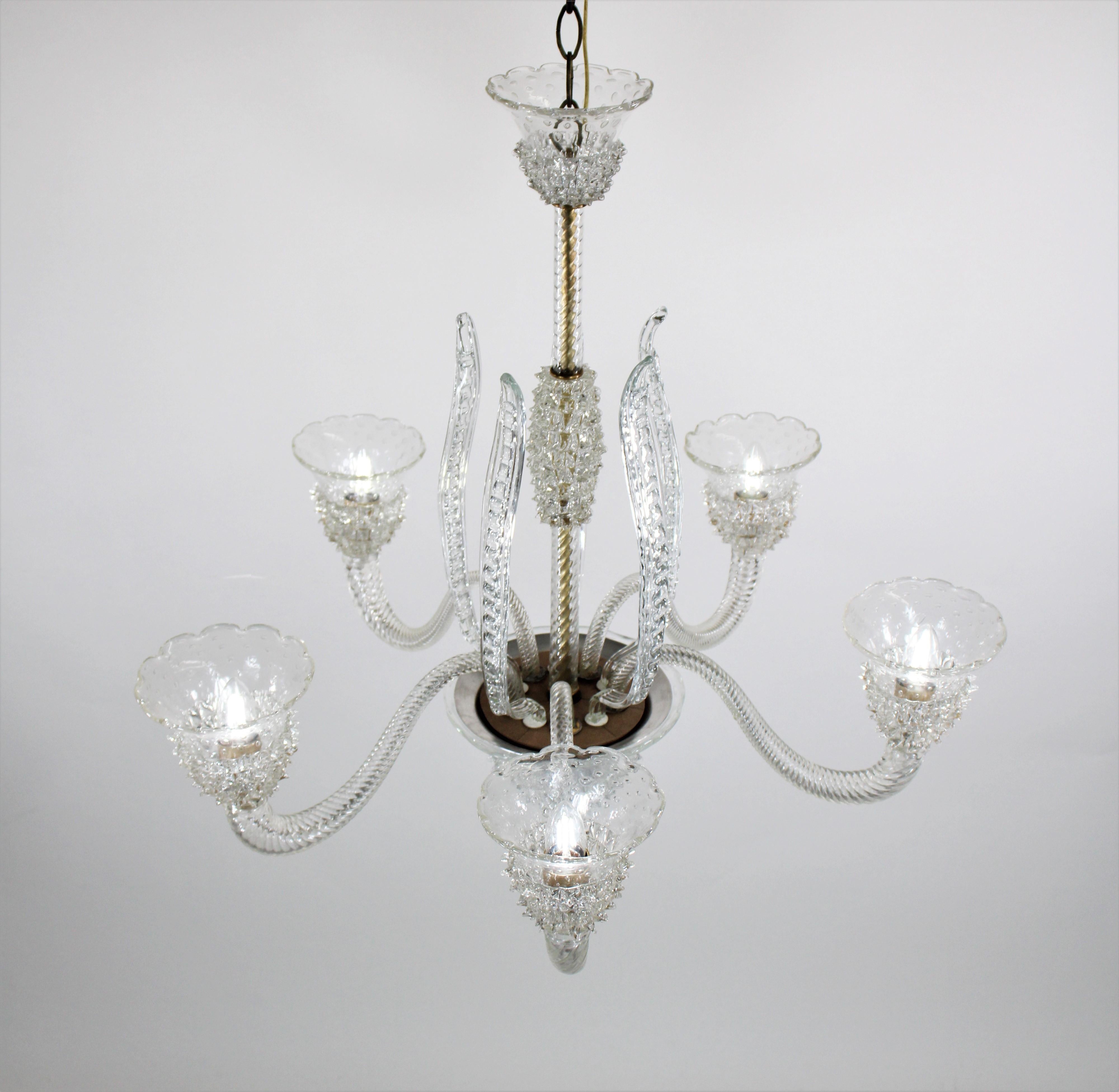 Mid-Century Modern Five Arm Rostrato Murano Chandelier in the Manner of Ercole Barovier For Sale