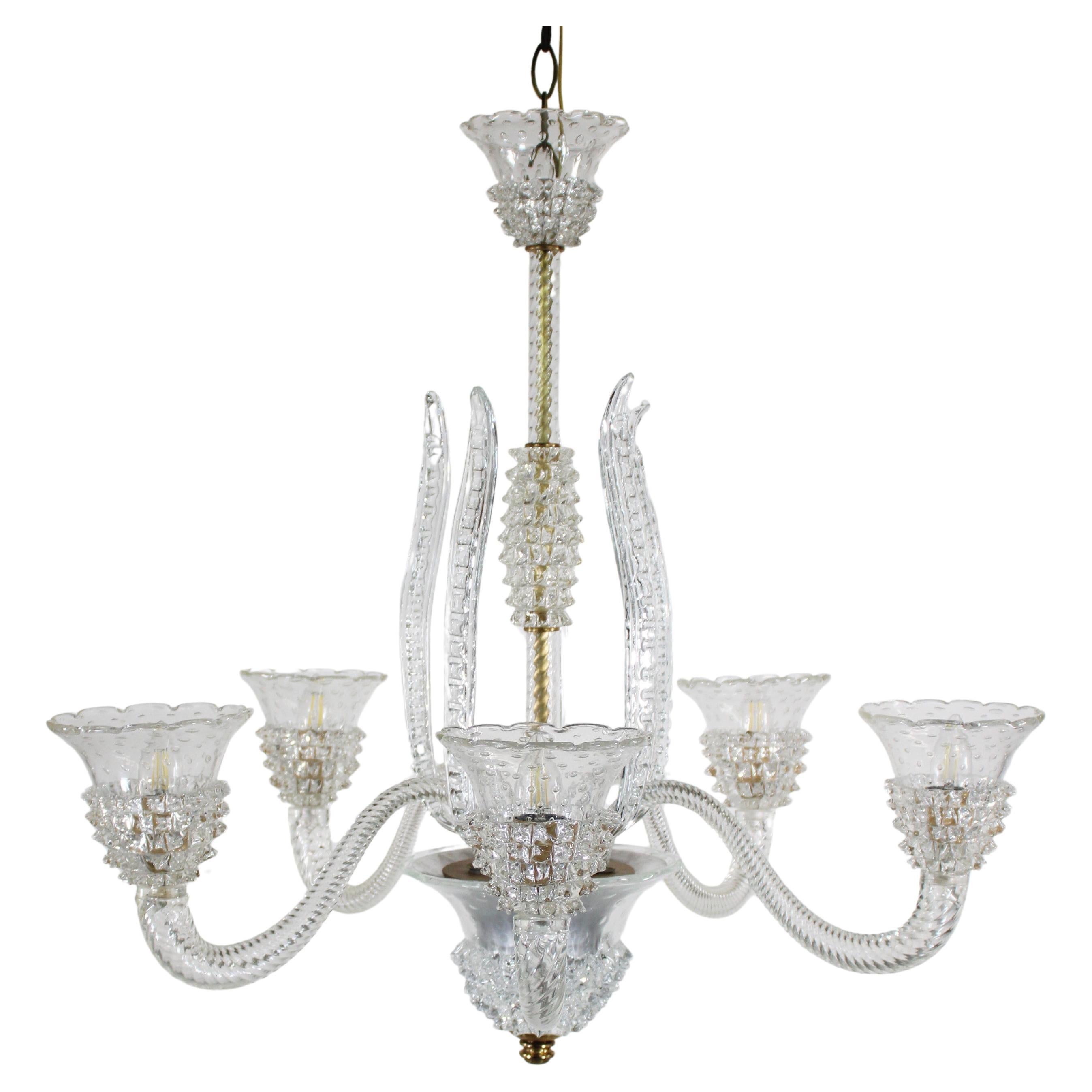 Five Arm Rostrato Murano Chandelier in the Manner of Ercole Barovier For Sale