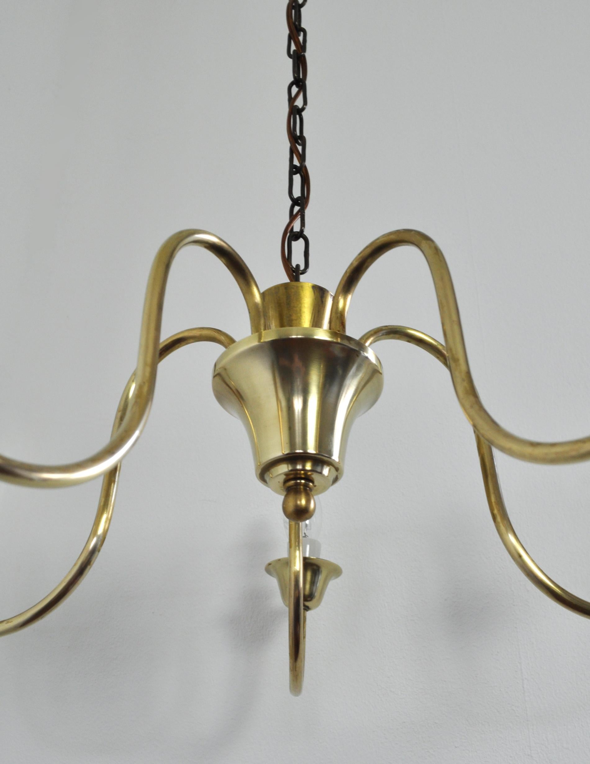 20th Century Five-Arm Solid Brass Chandelier by Fog & Mørup, 1950s For Sale