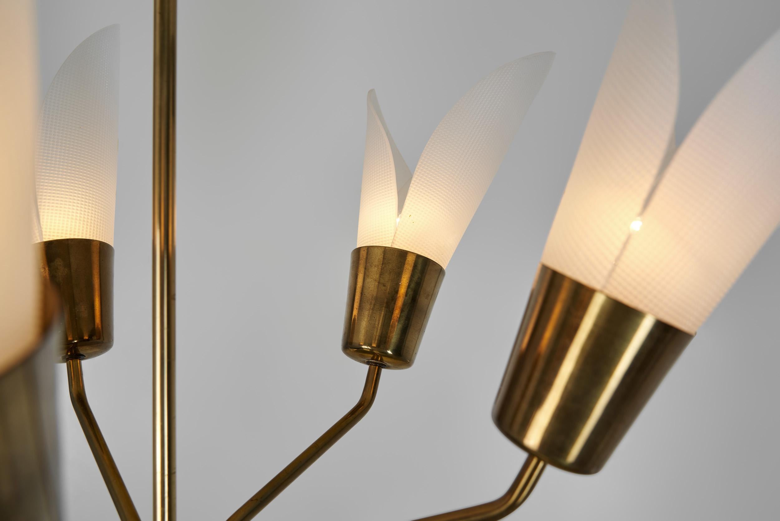 Five-Armed Brass Chandelier with Floral Details, Europe 1950s For Sale 4