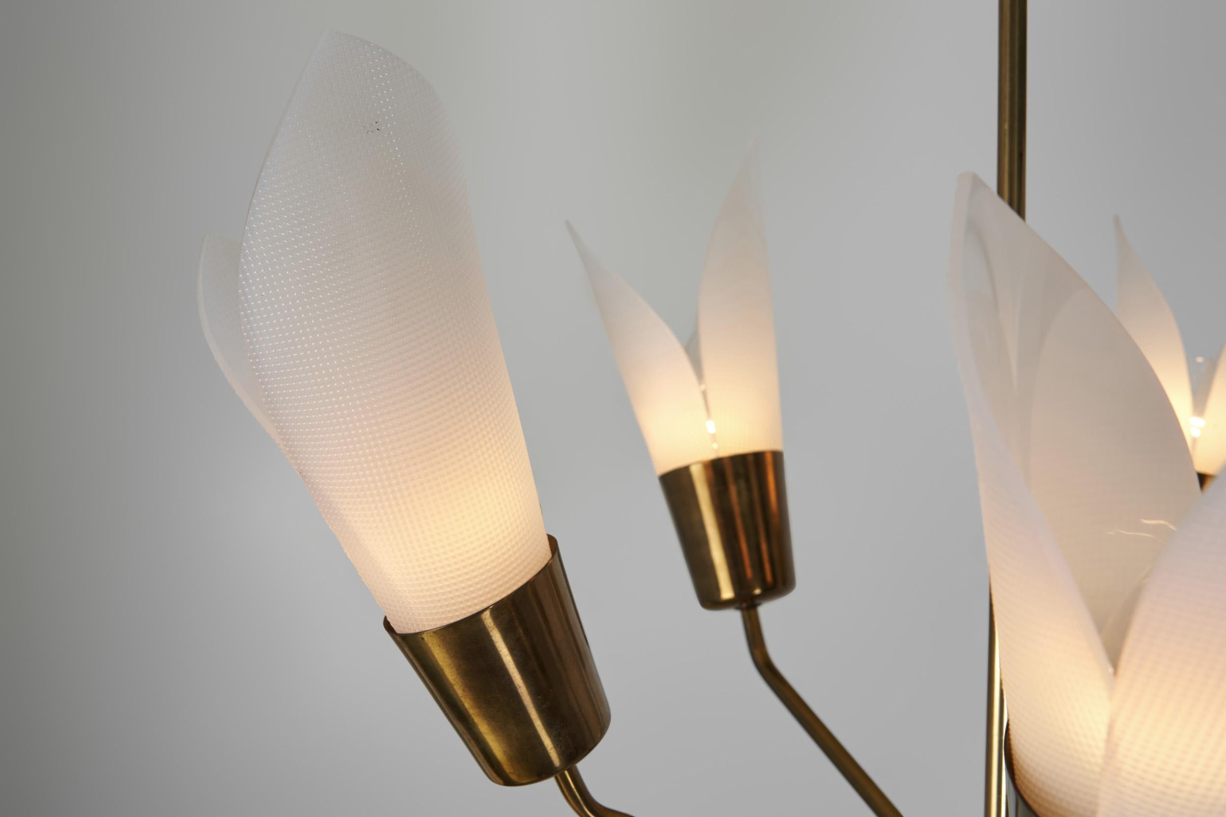 Five-Armed Brass Chandelier with Floral Details, Europe 1950s For Sale 5