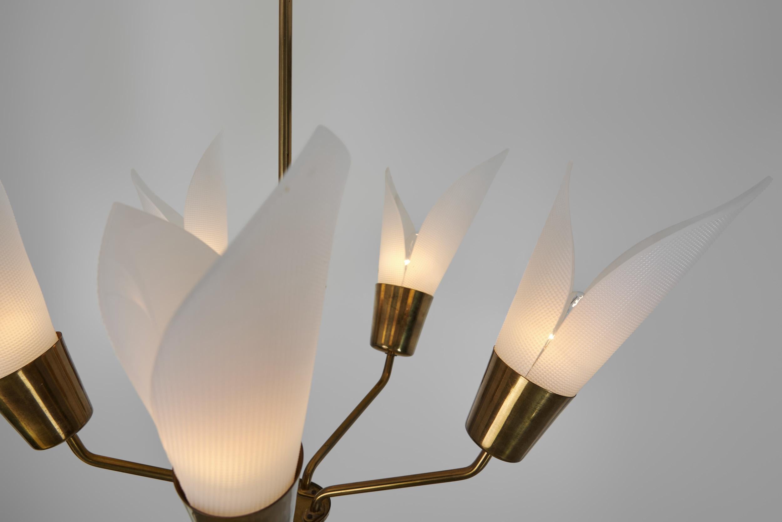 Five-Armed Brass Chandelier with Floral Details, Europe 1950s For Sale 6