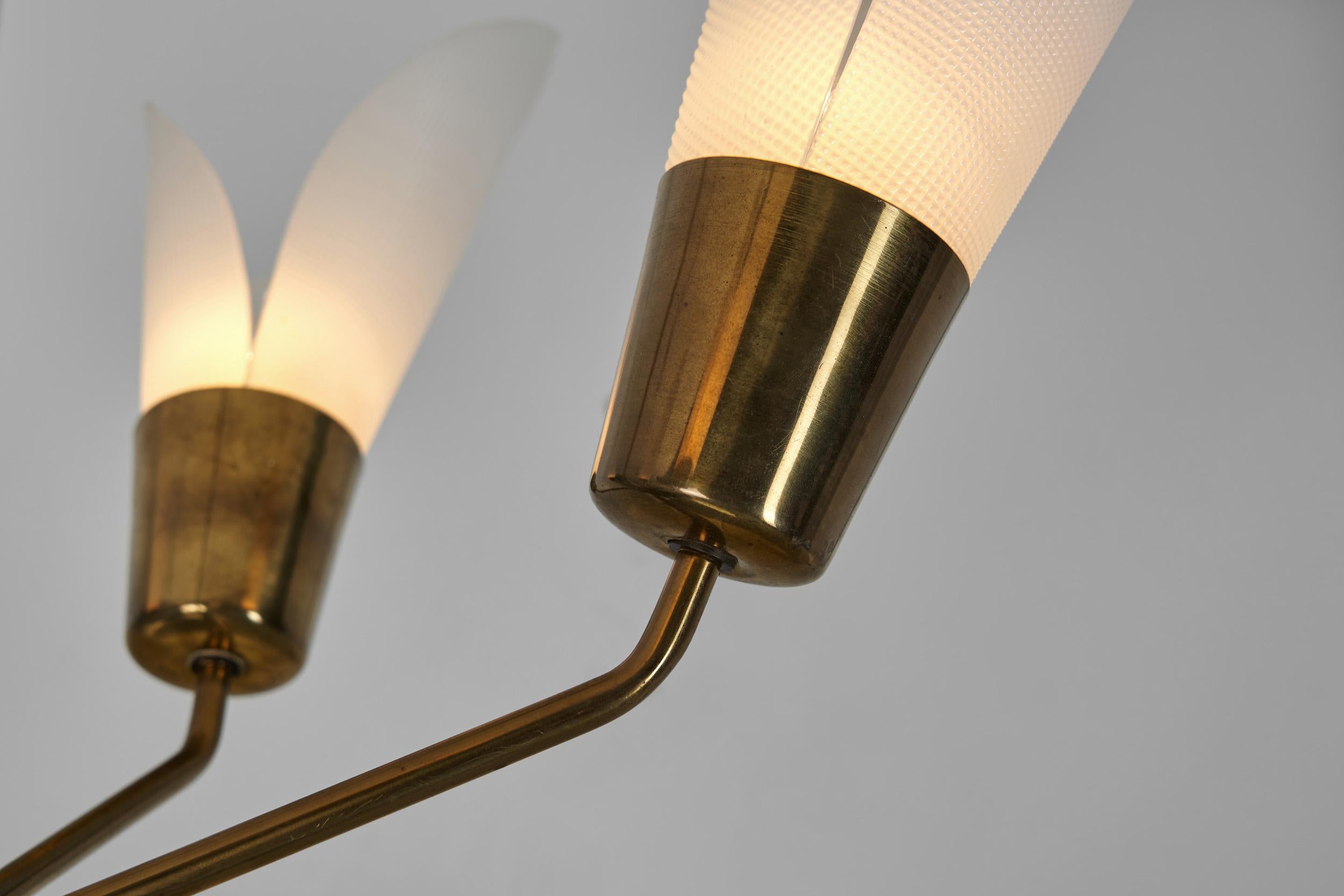 Five-Armed Brass Chandelier with Floral Details, Europe 1950s For Sale 8