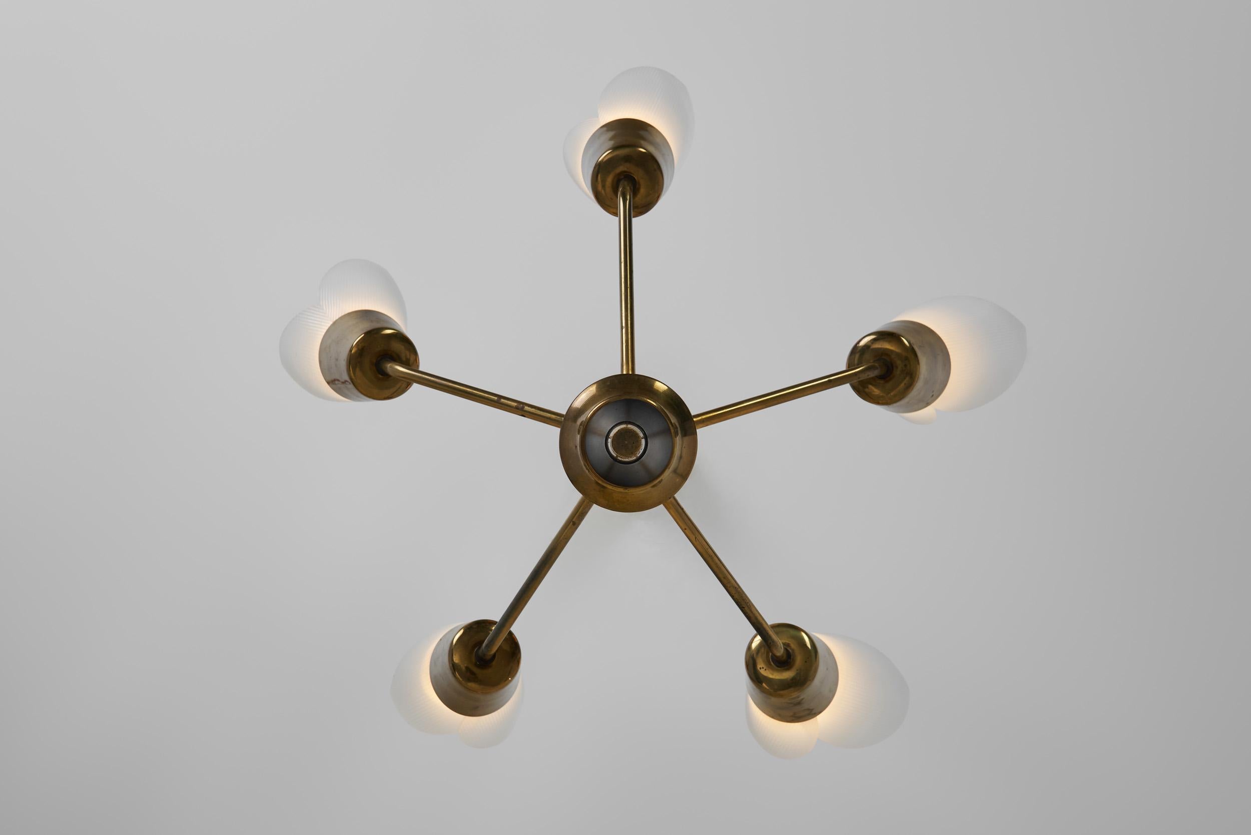 Five-Armed Brass Chandelier with Floral Details, Europe 1950s For Sale 13