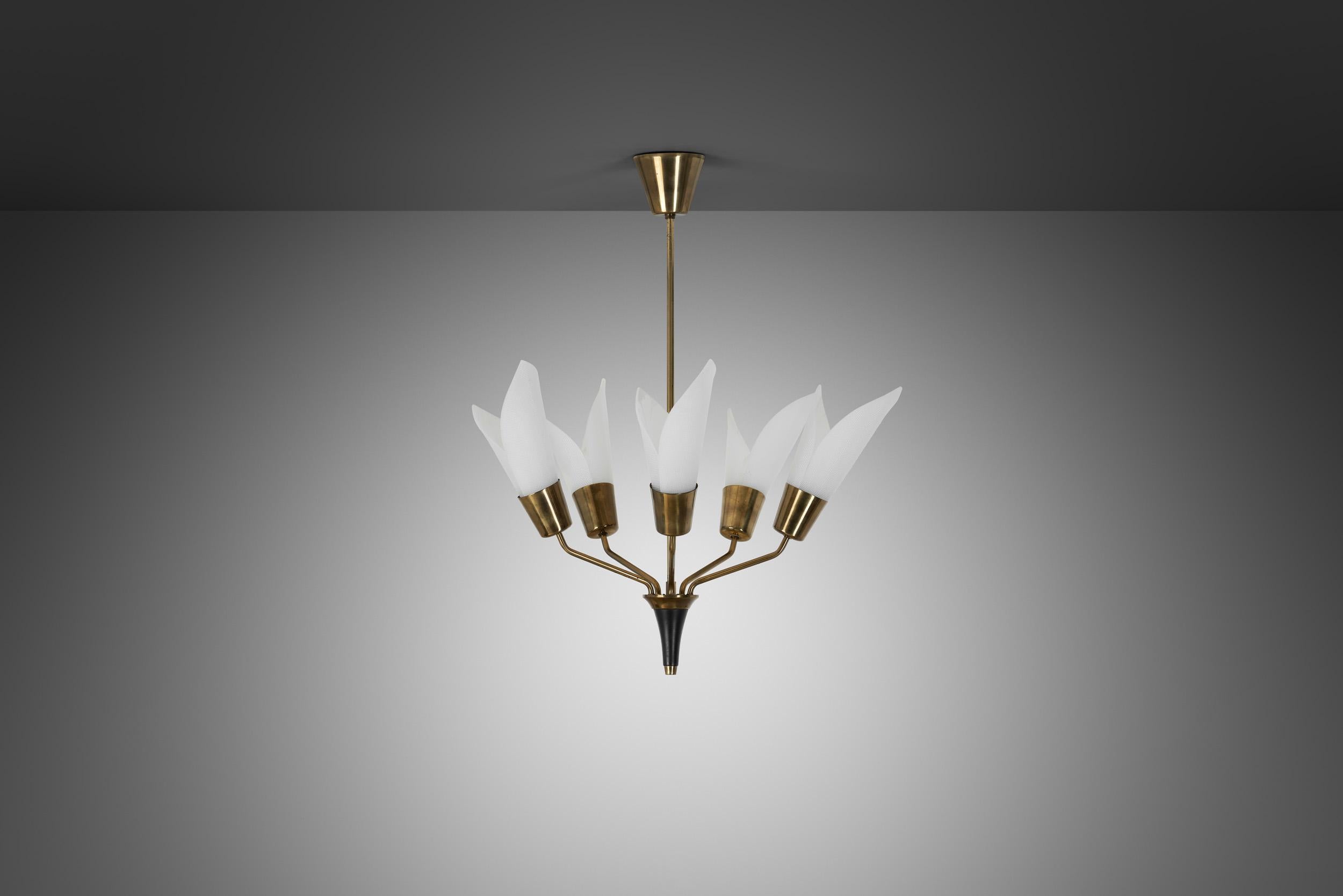 Mid-Century Modern Five-Armed Brass Chandelier with Floral Details, Europe 1950s For Sale