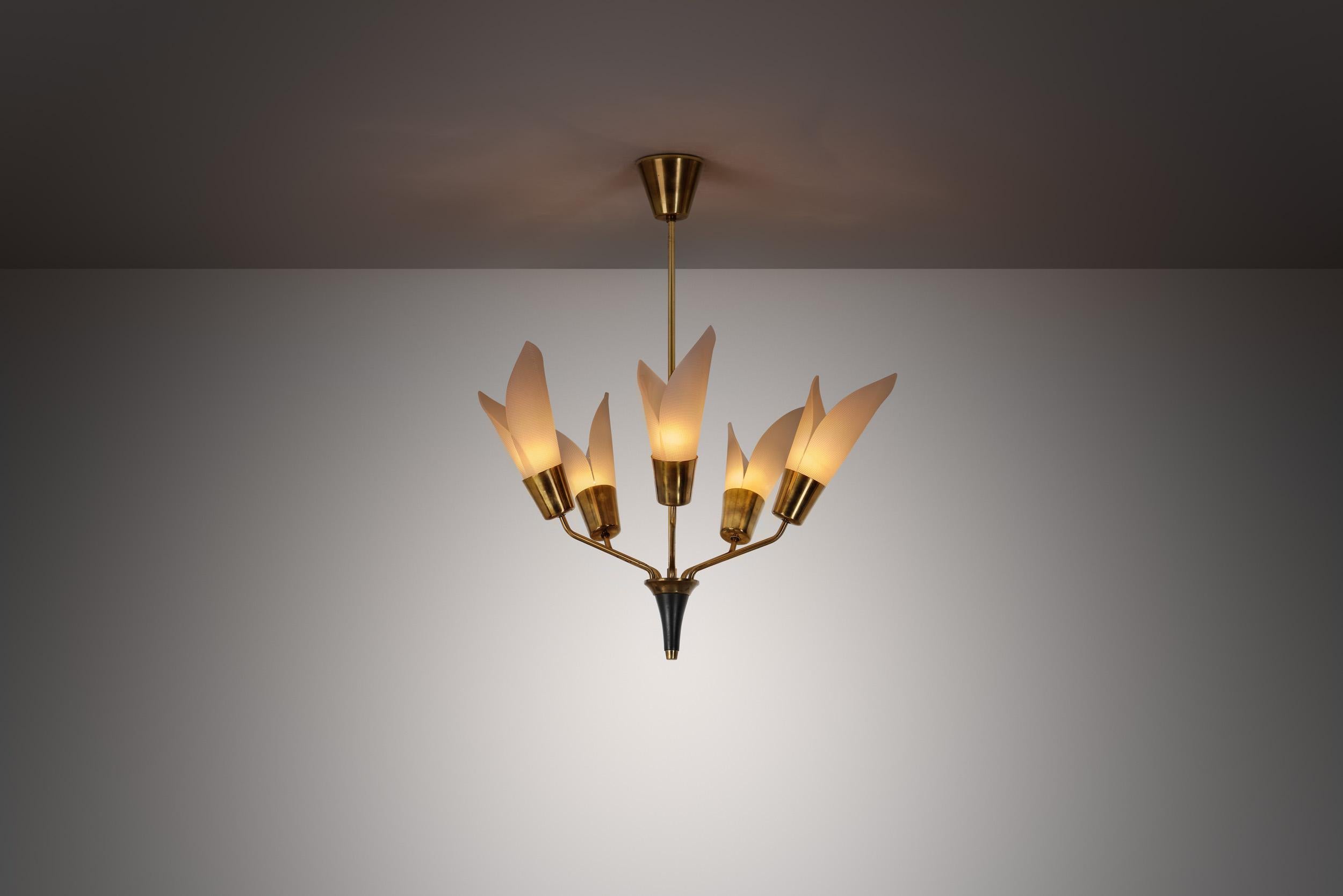 European Five-Armed Brass Chandelier with Floral Details, Europe 1950s For Sale