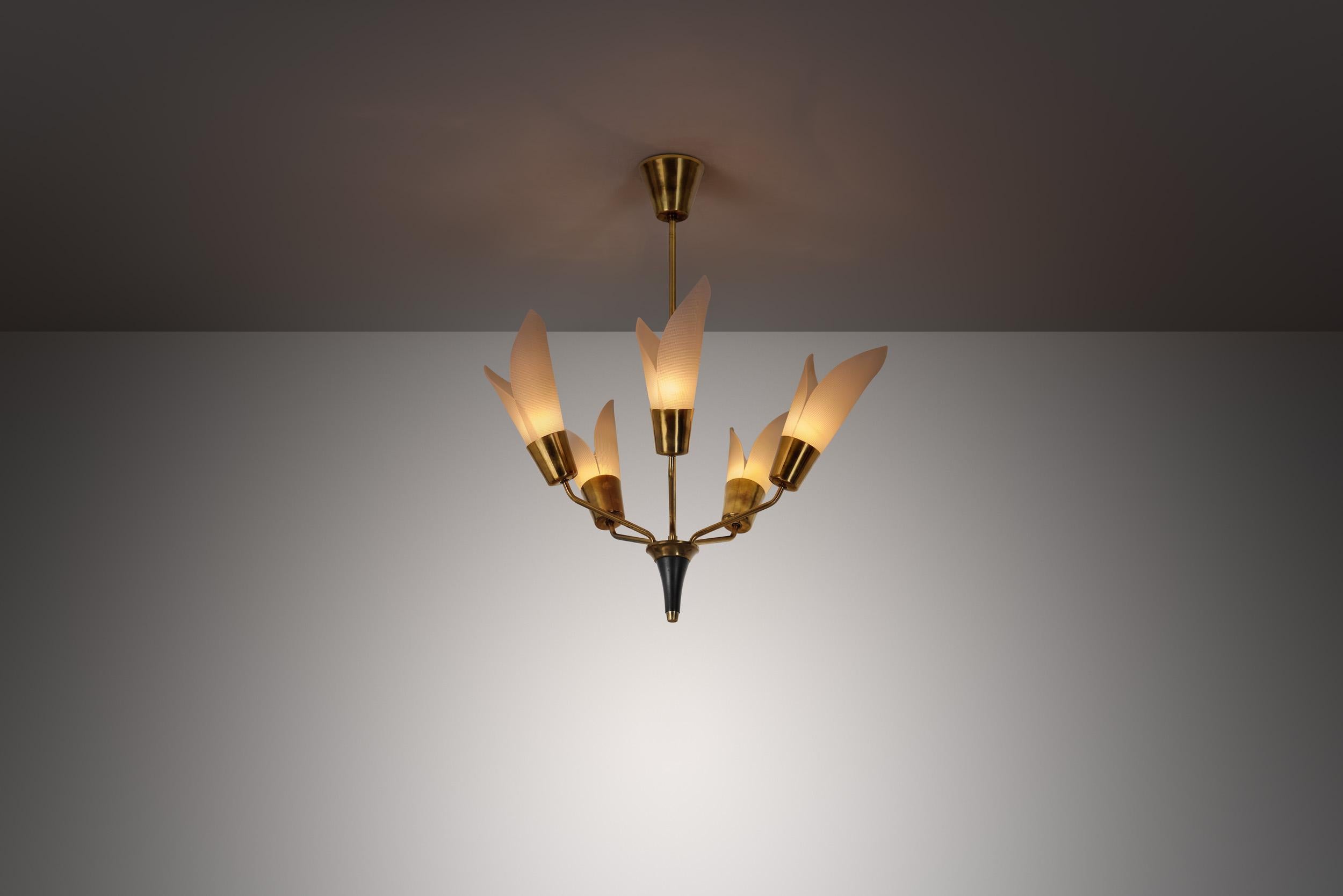 Mid-20th Century Five-Armed Brass Chandelier with Floral Details, Europe 1950s For Sale