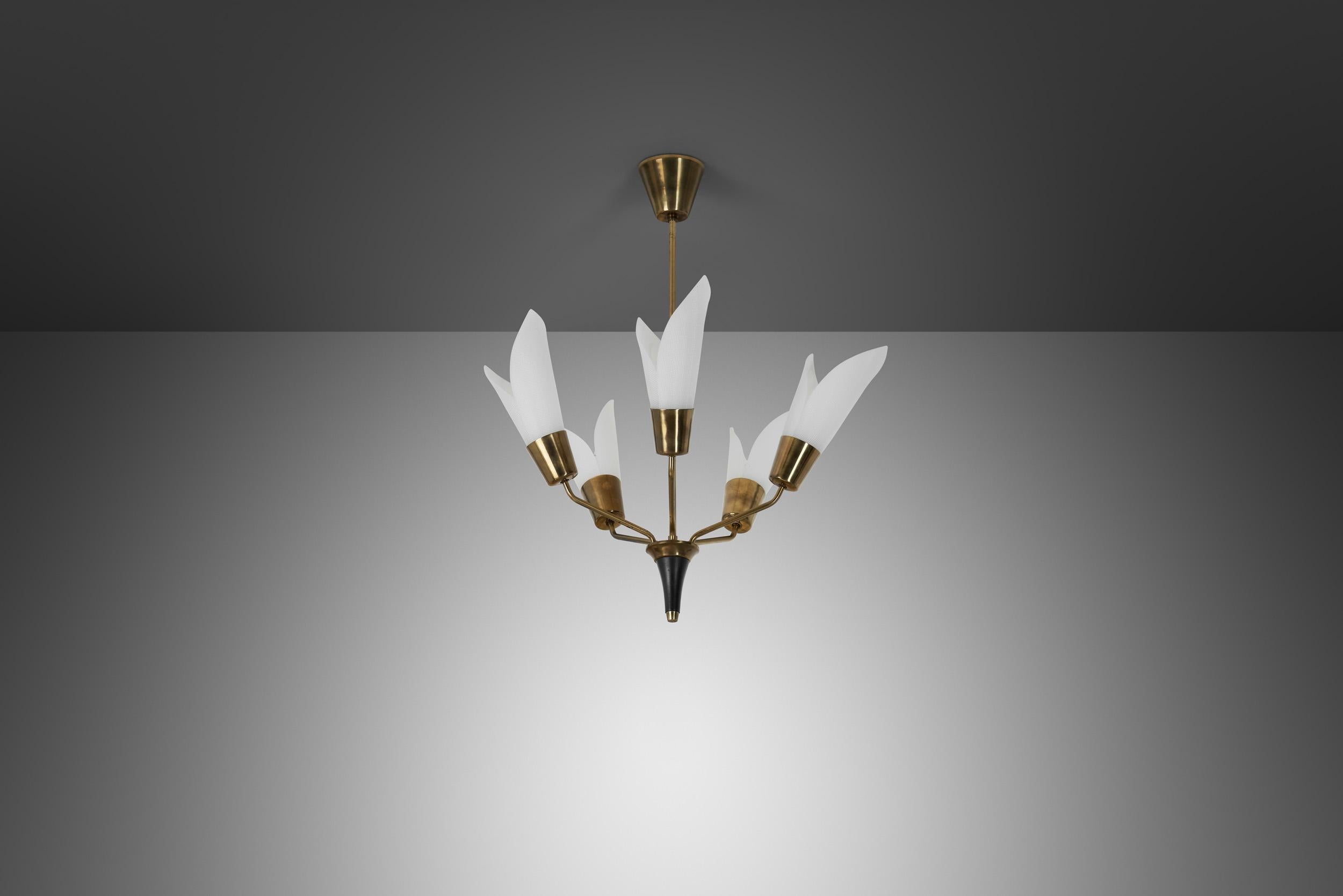 Five-Armed Brass Chandelier with Floral Details, Europe 1950s For Sale 1