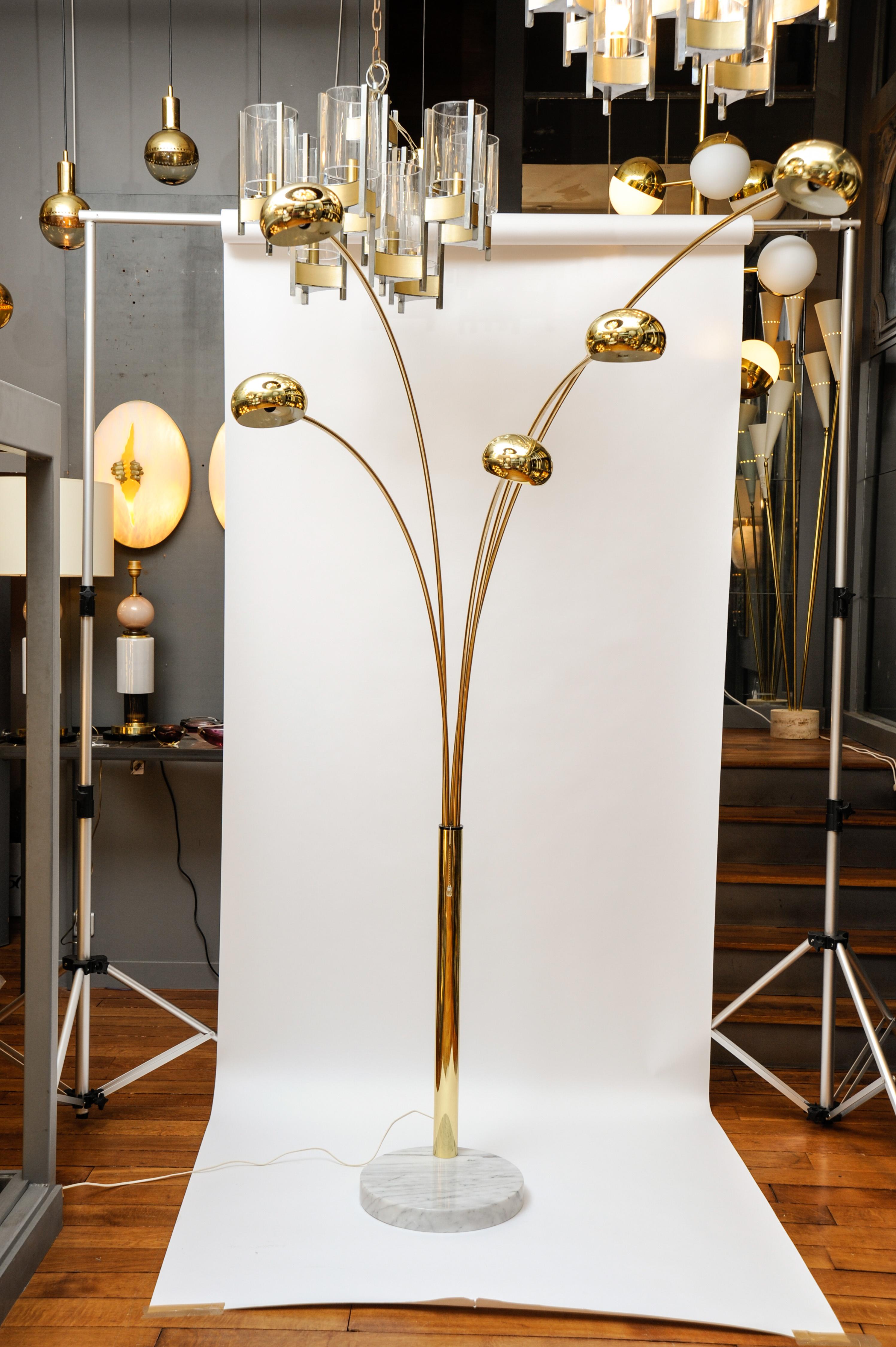 Swedish Five Arms Arc Floor Lamp in Brass and Marble