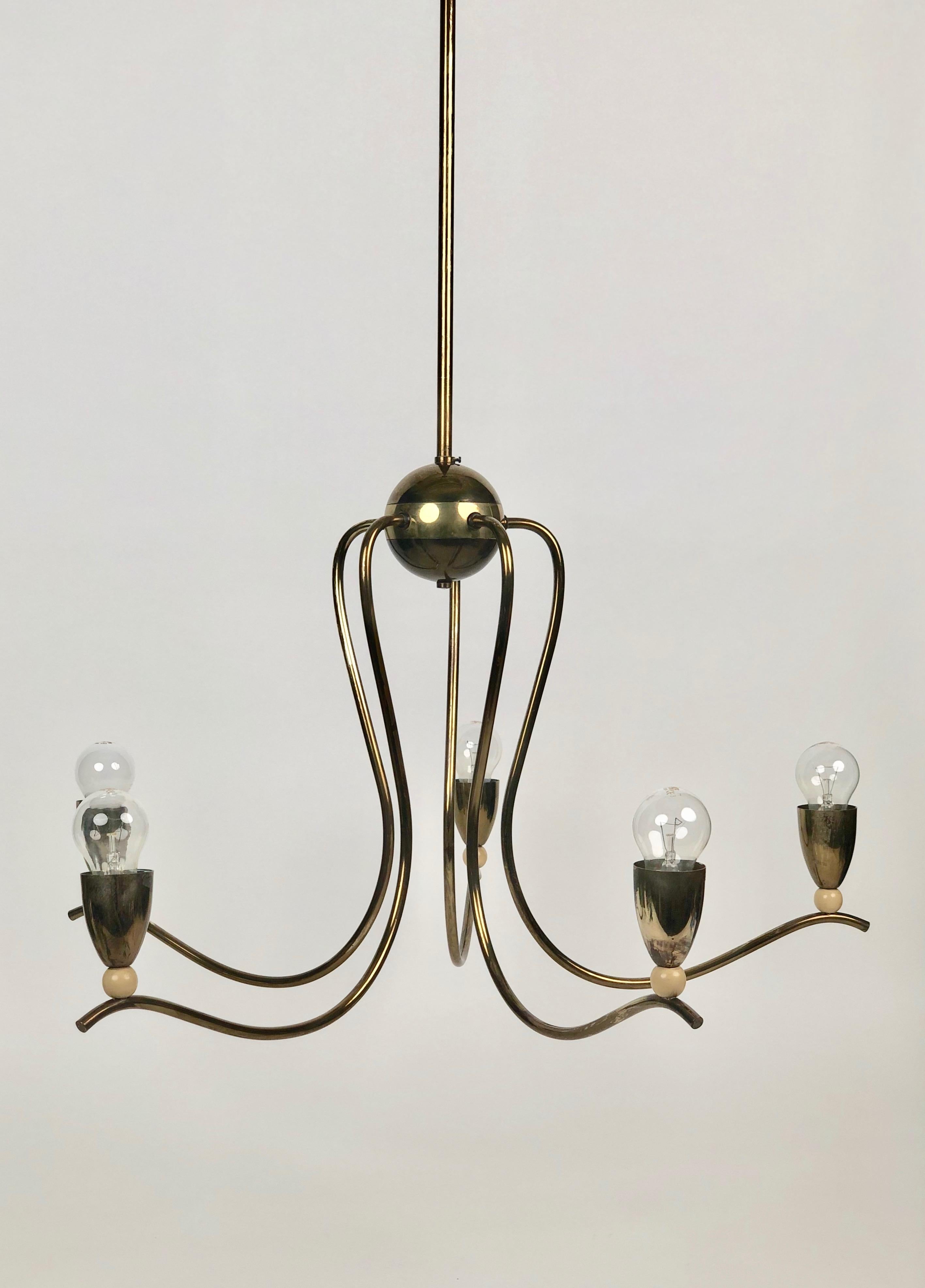 Five Arms Chandelier in Brass & Wood with Silk Shades from Josef Frank, Austria 5