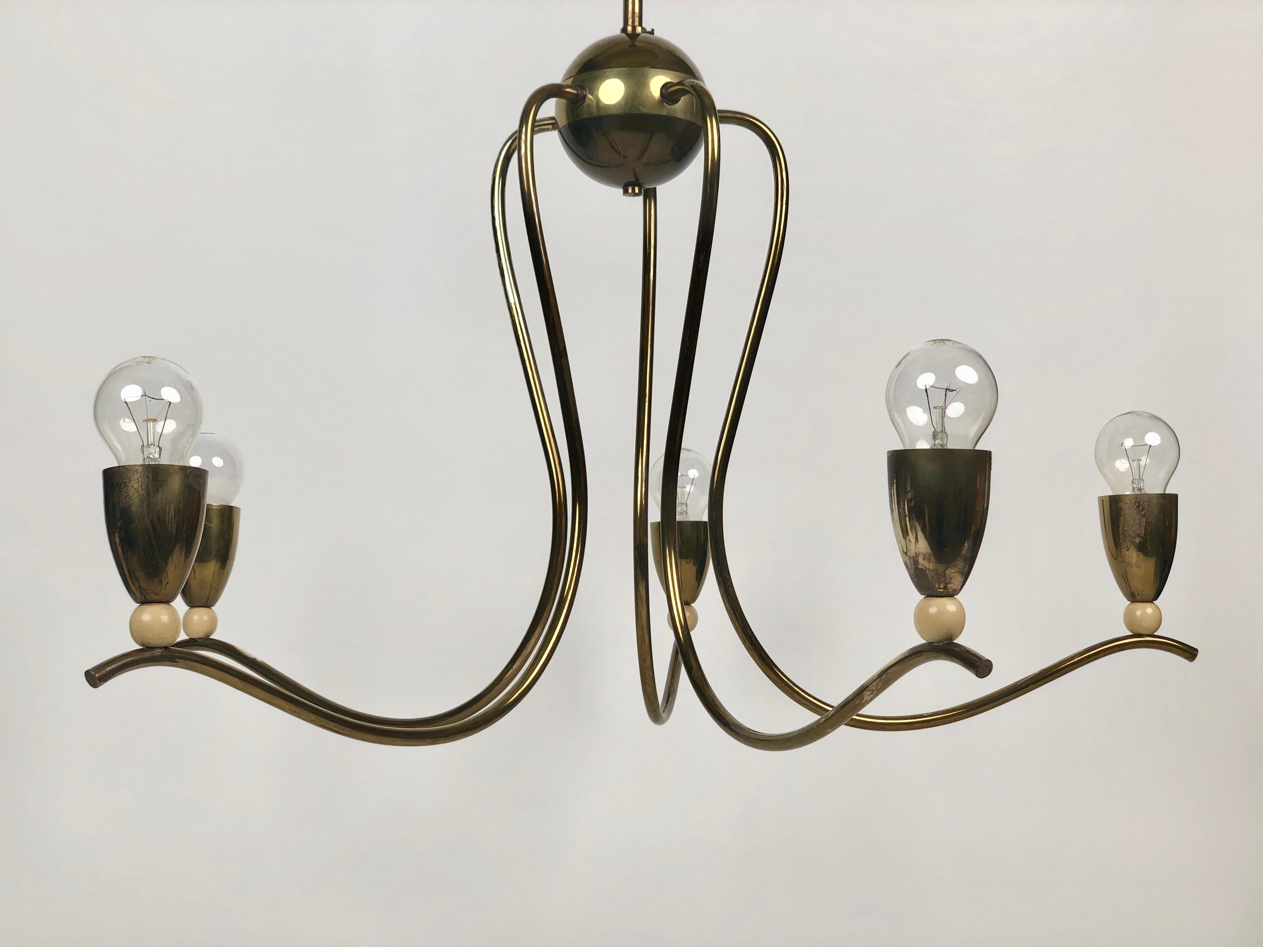 Five Arms Chandelier in Brass & Wood with Silk Shades from Josef Frank, Austria 6