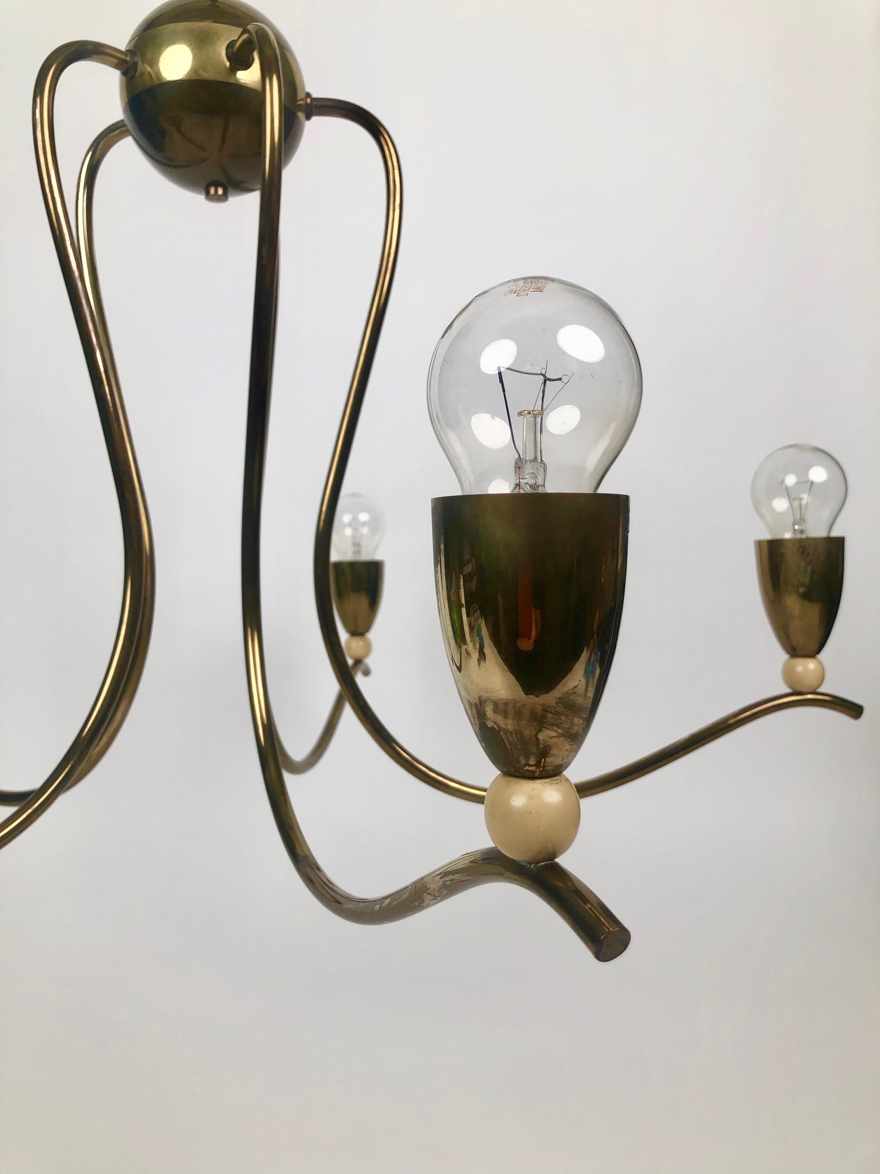 Five Arms Chandelier in Brass & Wood with Silk Shades from Josef Frank, Austria 7