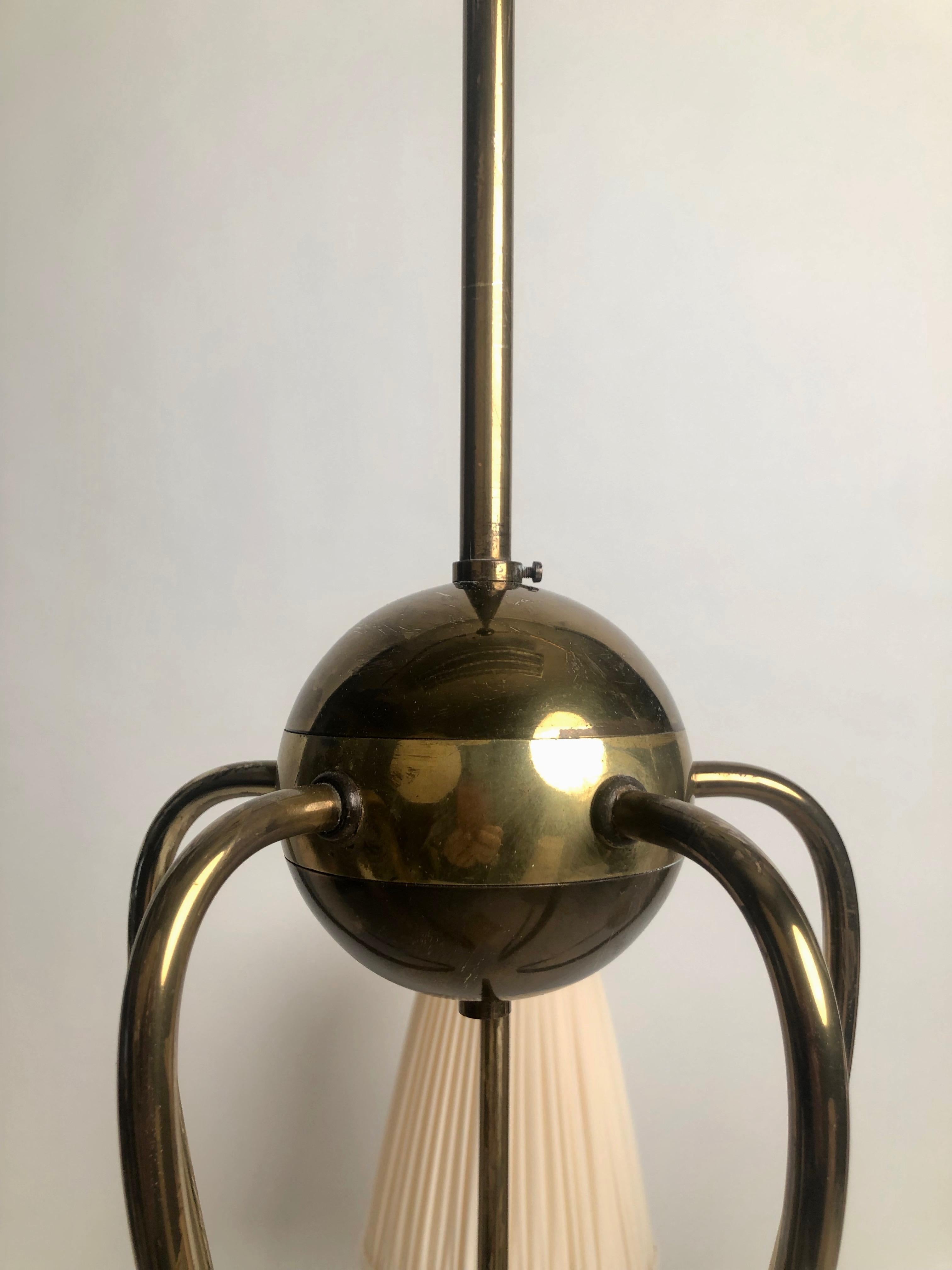 Five Arms Chandelier in Brass & Wood with Silk Shades from Josef Frank, Austria 8