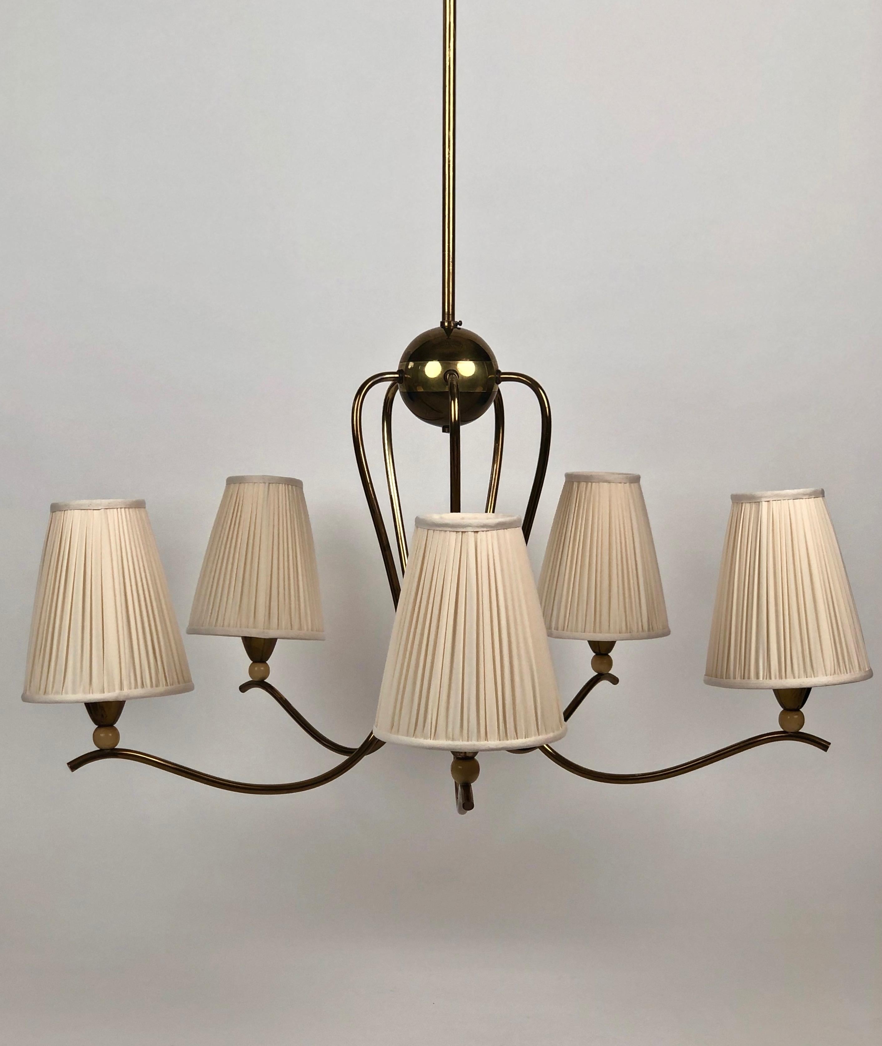 Modern Five Arms Chandelier in Brass & Wood with Silk Shades from Josef Frank, Austria