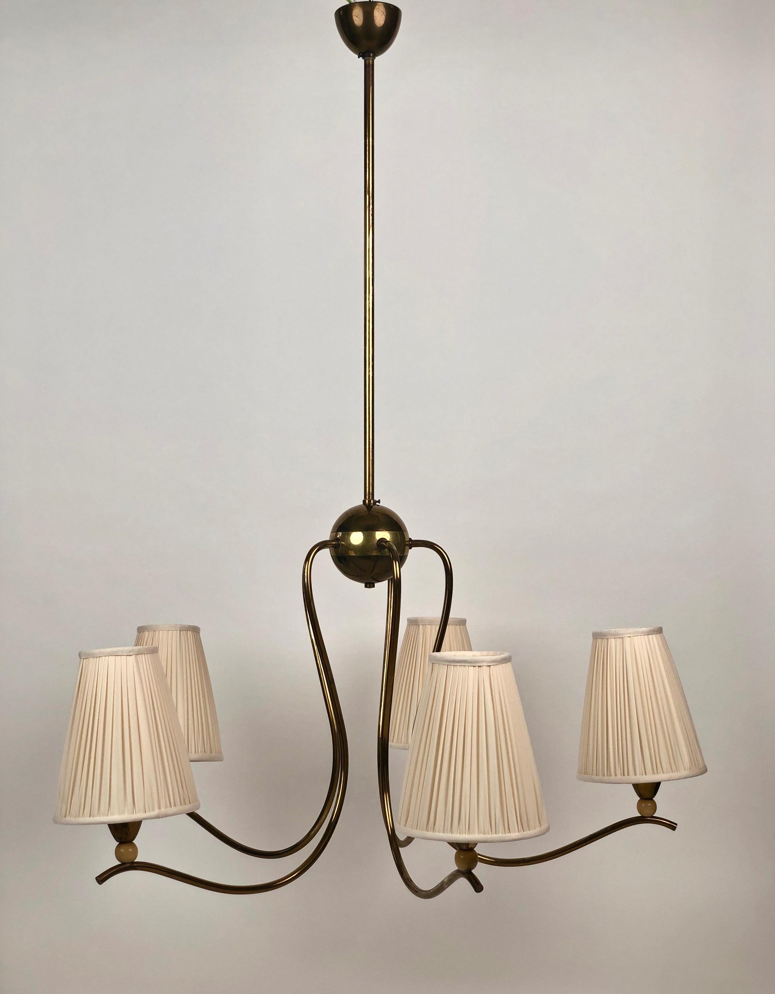 Austrian Five Arms Chandelier in Brass & Wood with Silk Shades from Josef Frank, Austria
