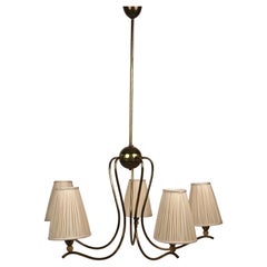 Five Arms Chandelier in Brass & Wood with Silk Shades from Josef Frank, Austria