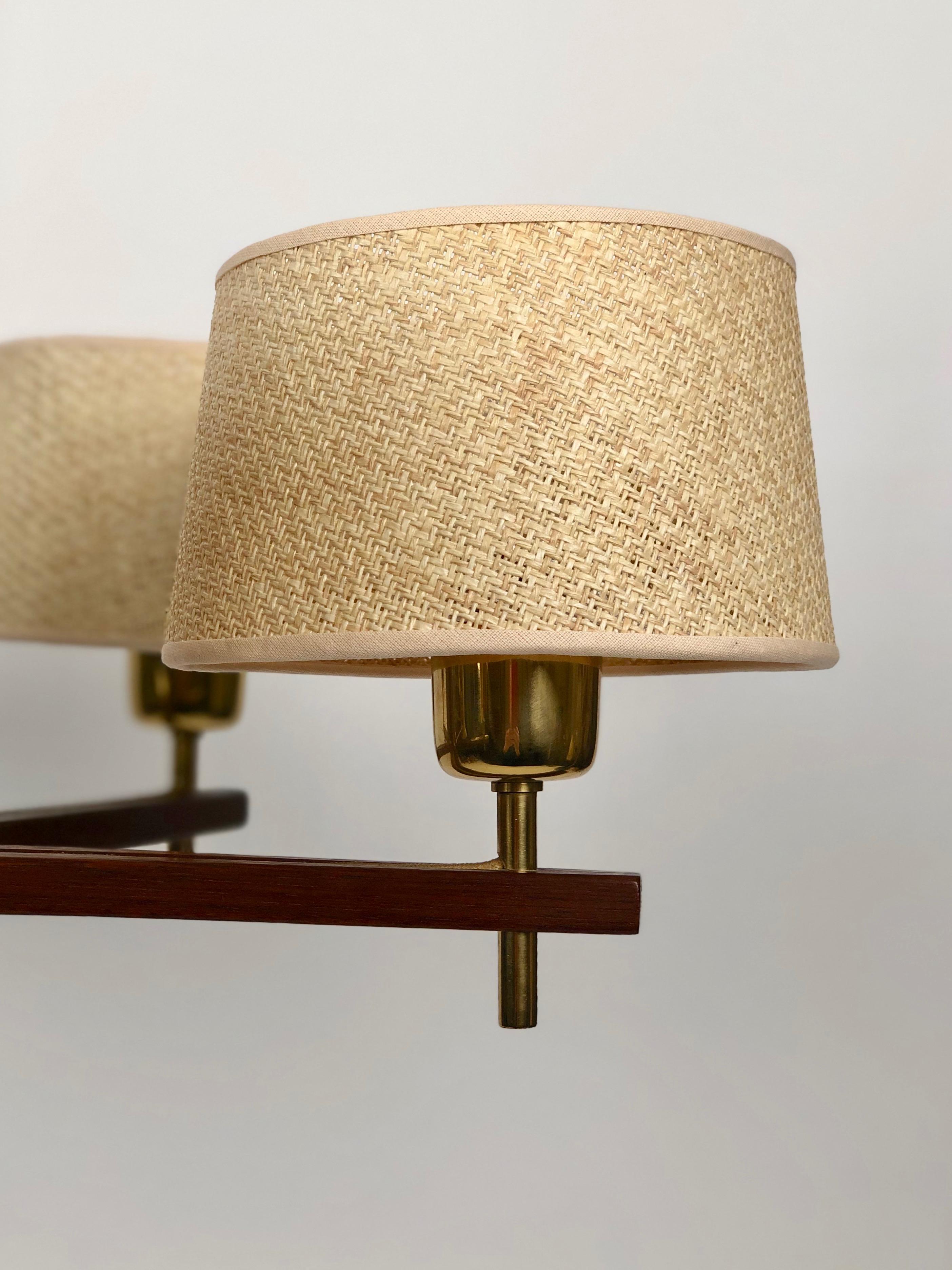 Five Arms Chandelier in Teak Wood and Brass with Cane Shades, 1960, Austria For Sale 1