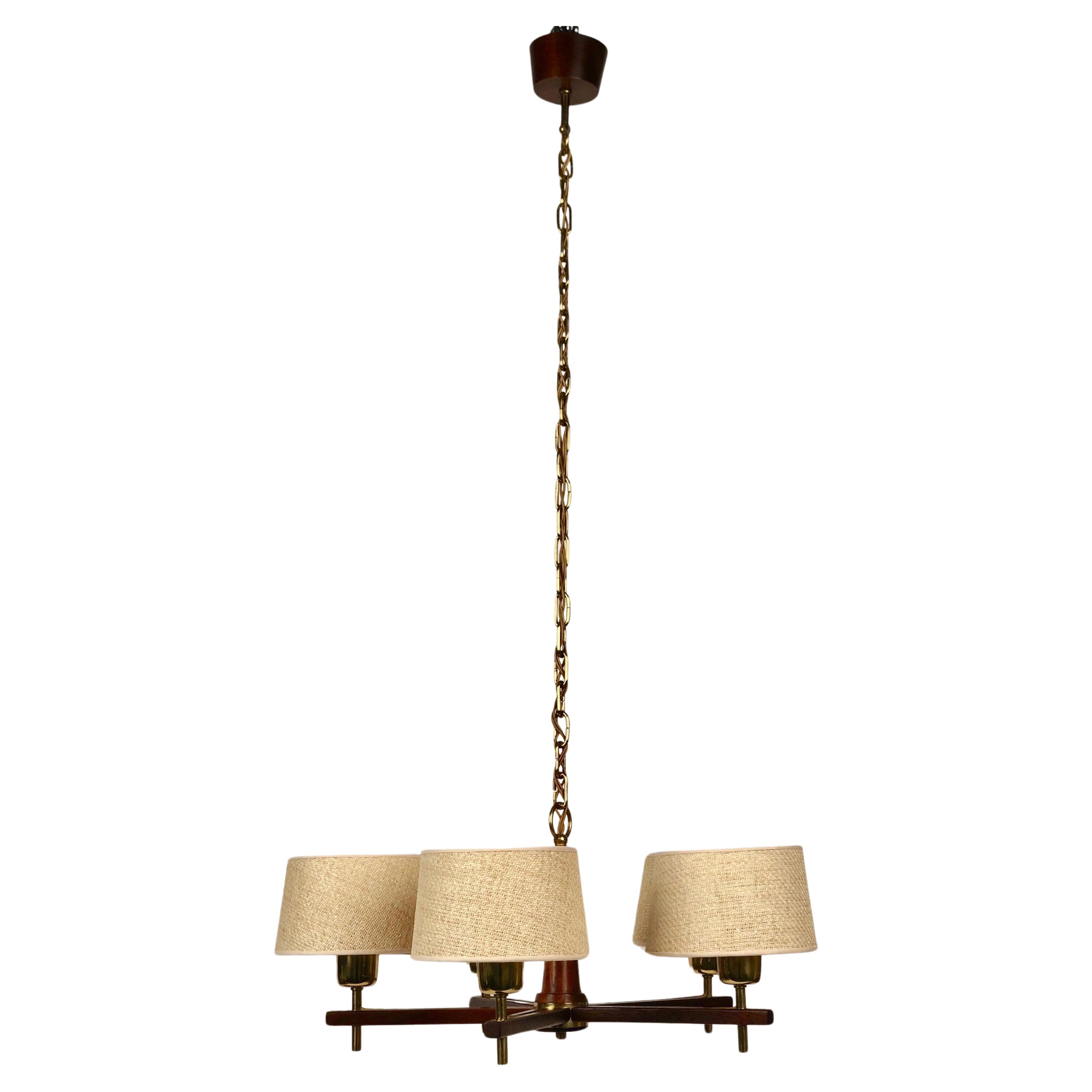 Five Arms Chandelier in Teak Wood and Brass with Cane Shades, 1960, Austria For Sale