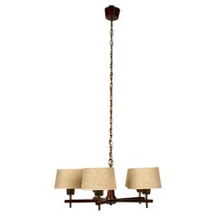Vintage Five Arms Chandelier in Teak Wood and Brass with Cane Shades, 1960, Austria