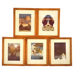 Antique Five Art Deco Maxfield Parrish Bookplates, Framed, C1920