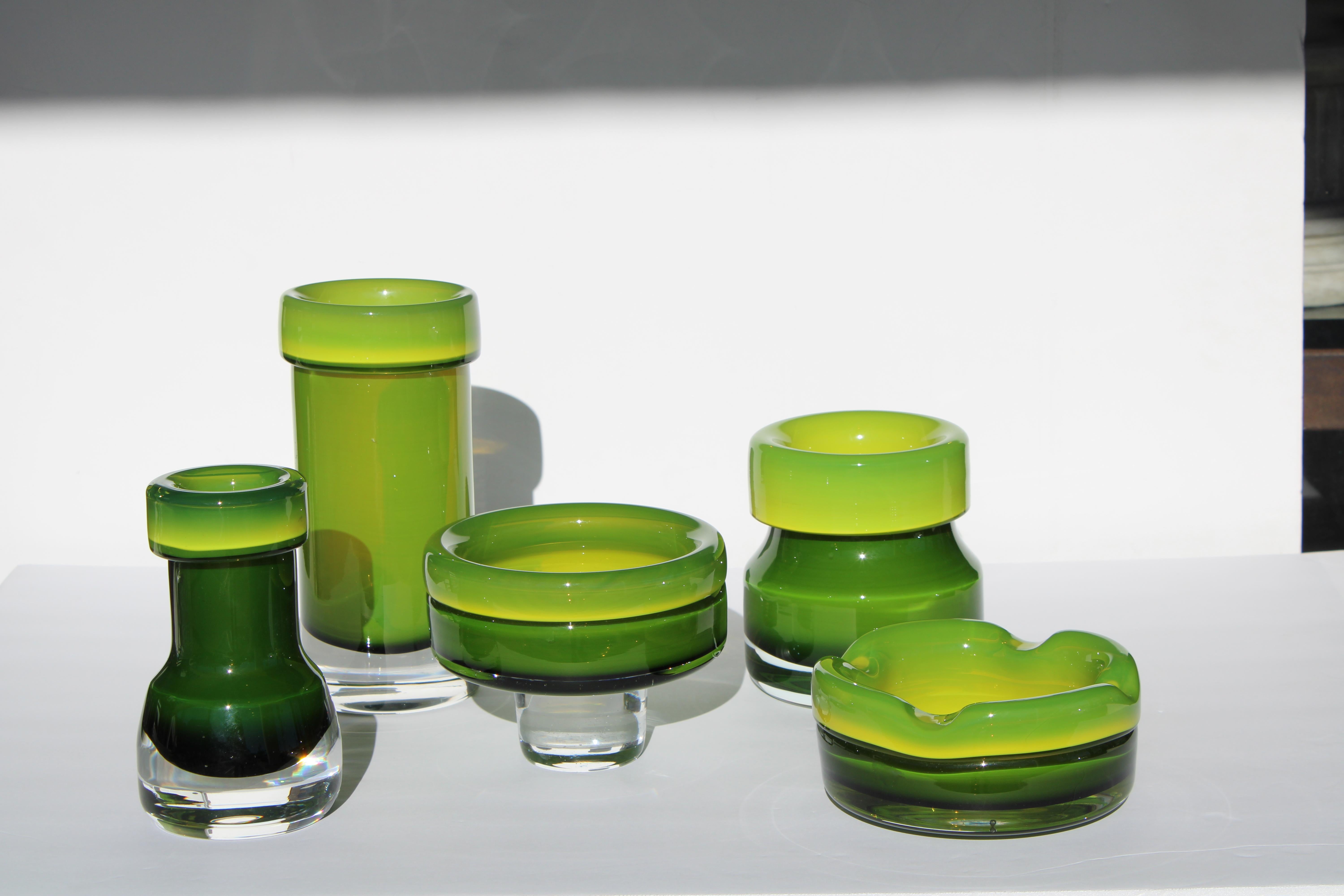 Five art glass pieces by Bo Borgstrom for Aseda made in Sweden. Vessels measure from left to right 8