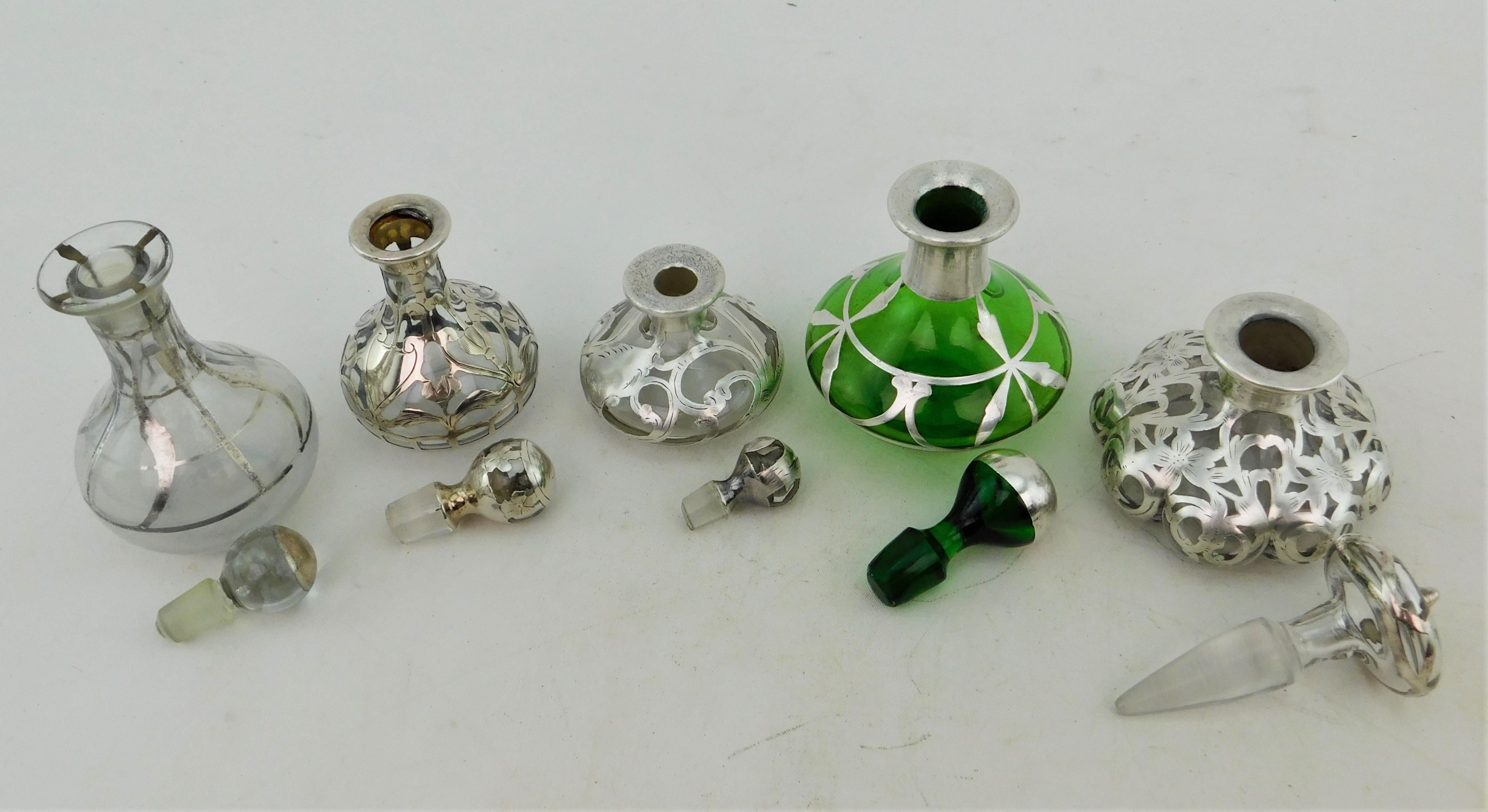Five Art Nouveau Perfume Bottles circa 1900 Silver Overlay on Glass 19th Century For Sale 9