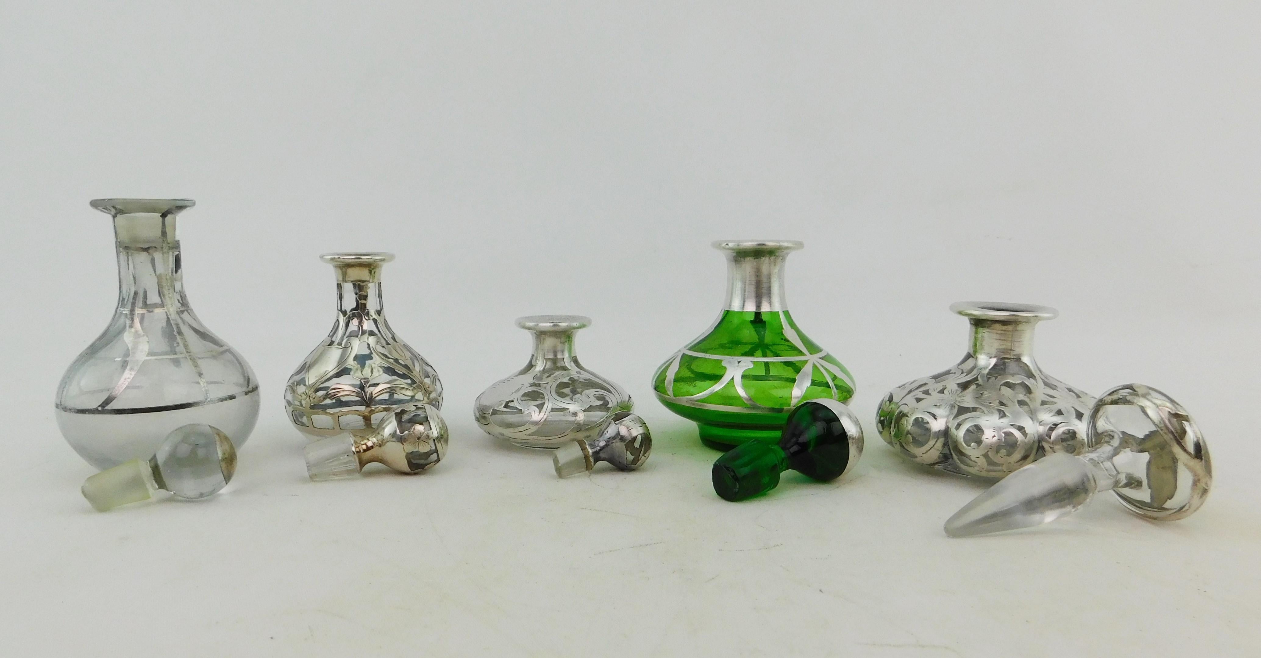 Five Art Nouveau Perfume Bottles circa 1900 Silver Overlay on Glass 19th Century For Sale 15