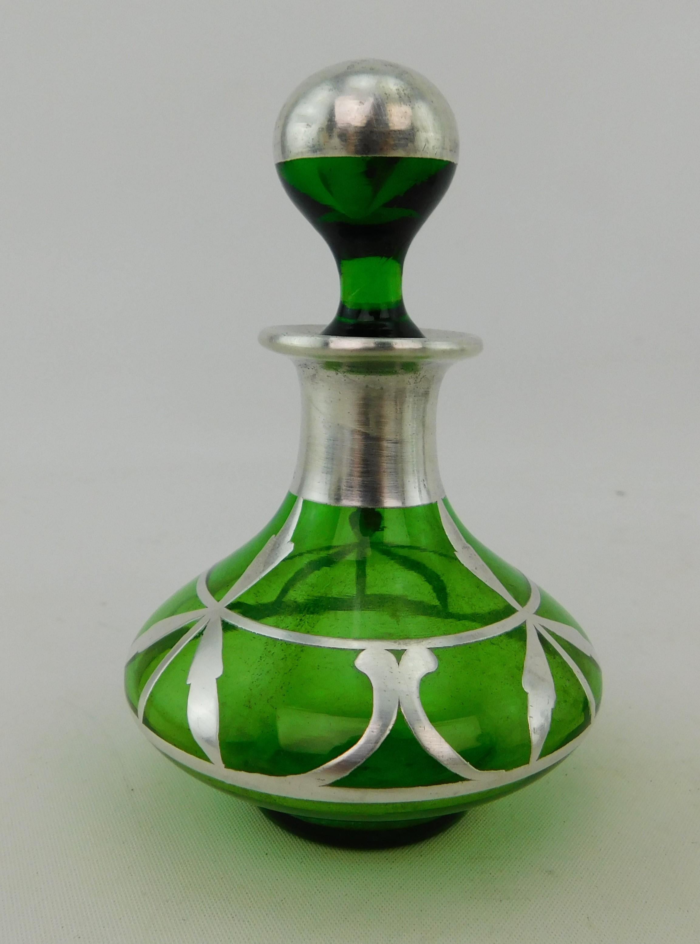 Five Art Nouveau Perfume Bottles circa 1900 Silver Overlay on Glass 19th Century For Sale 2