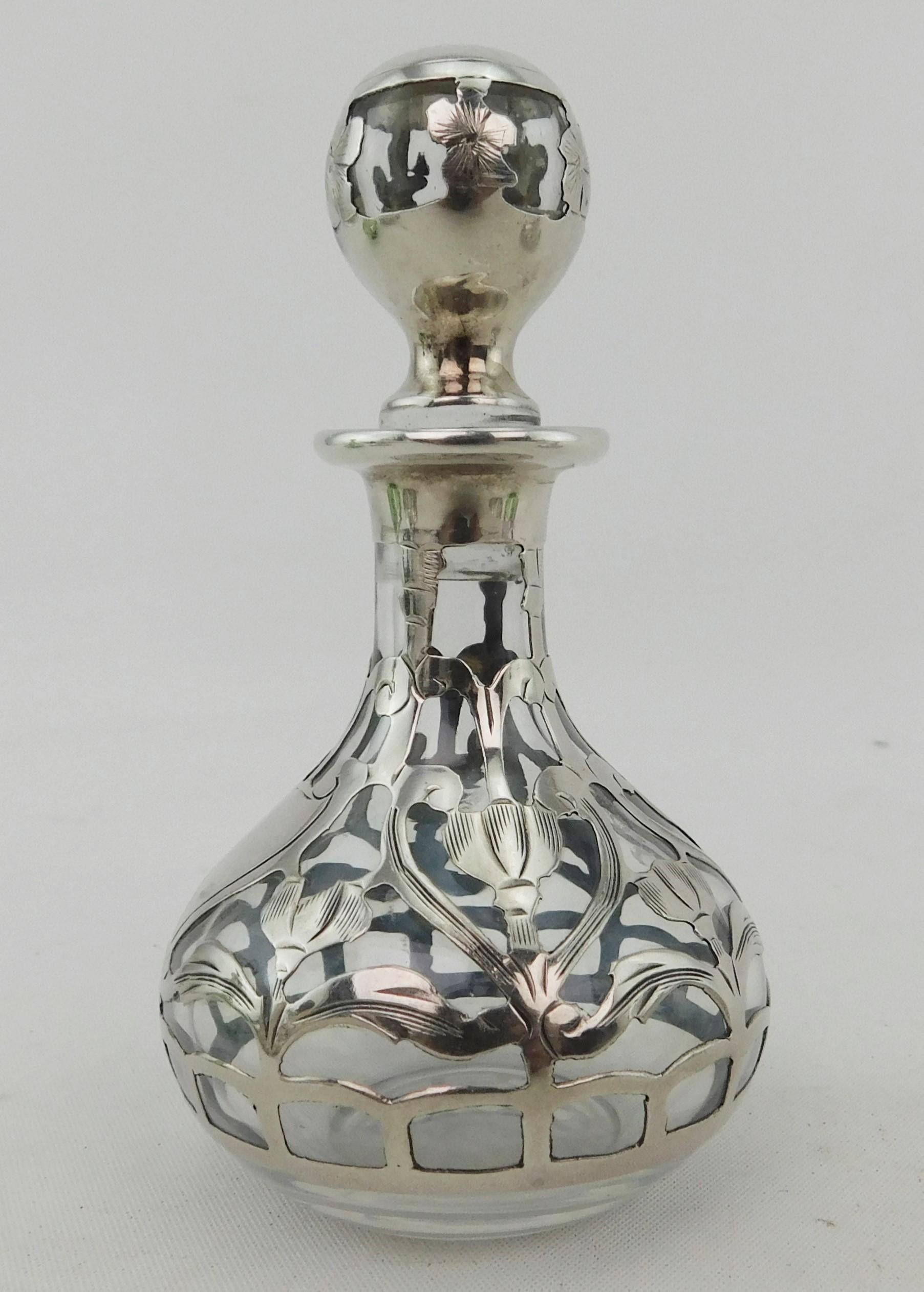 Five Art Nouveau Perfume Bottles circa 1900 Silver Overlay on Glass 19th Century For Sale 5