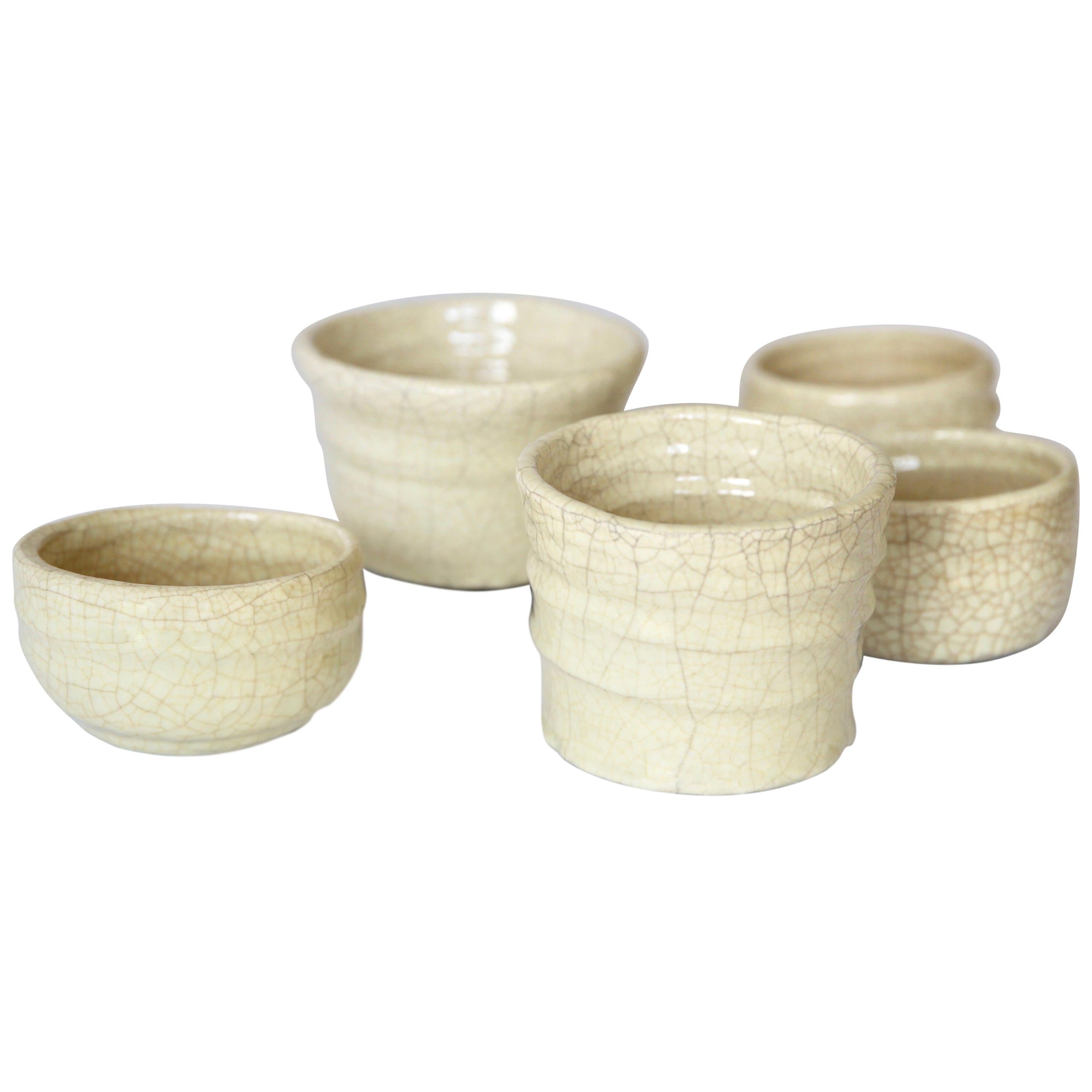 Five Asymmetric Craquelé Ceramic Bowls For Sale