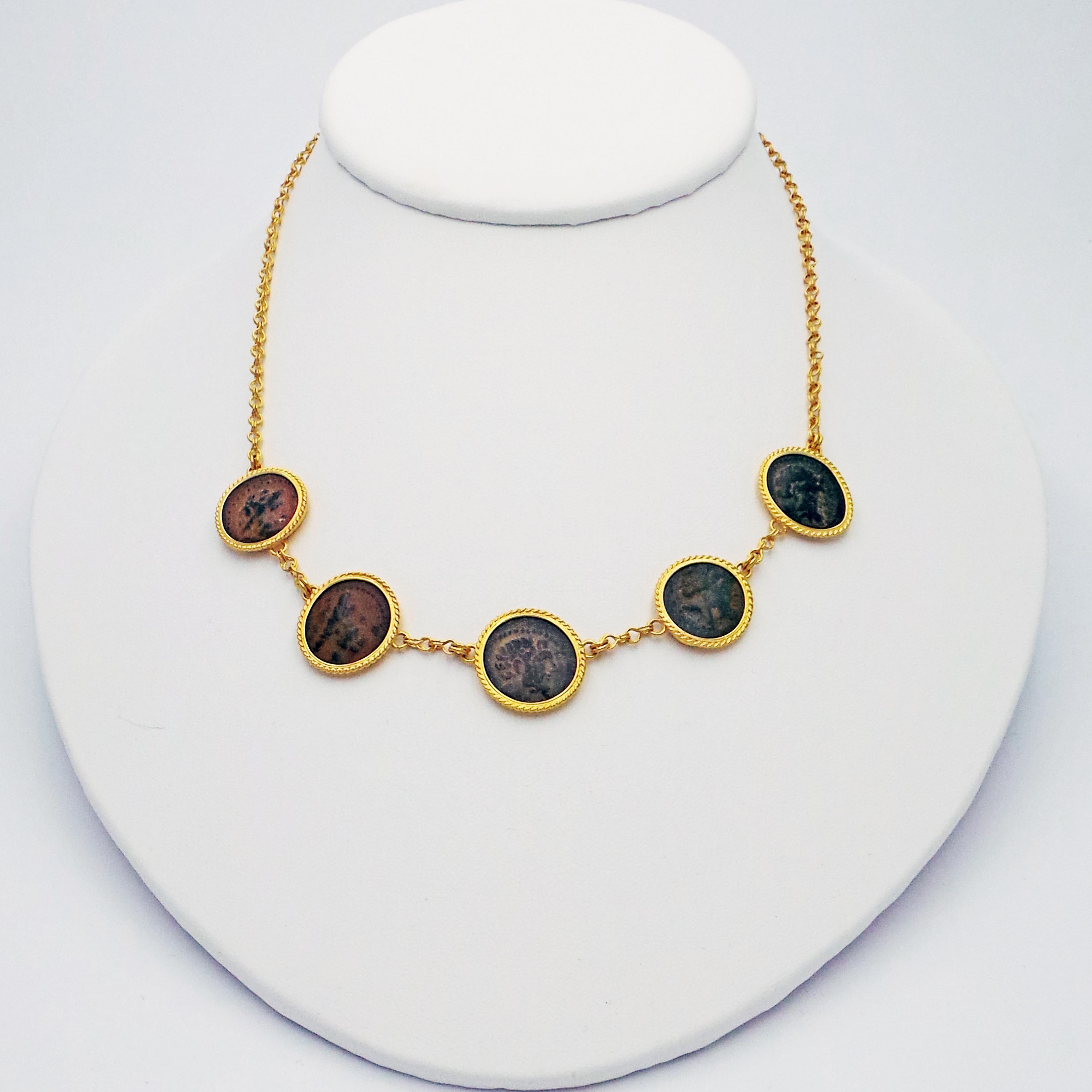 Contemporary Five Authentic Ancient Hellenistic Coins and Gold Necklace For Sale