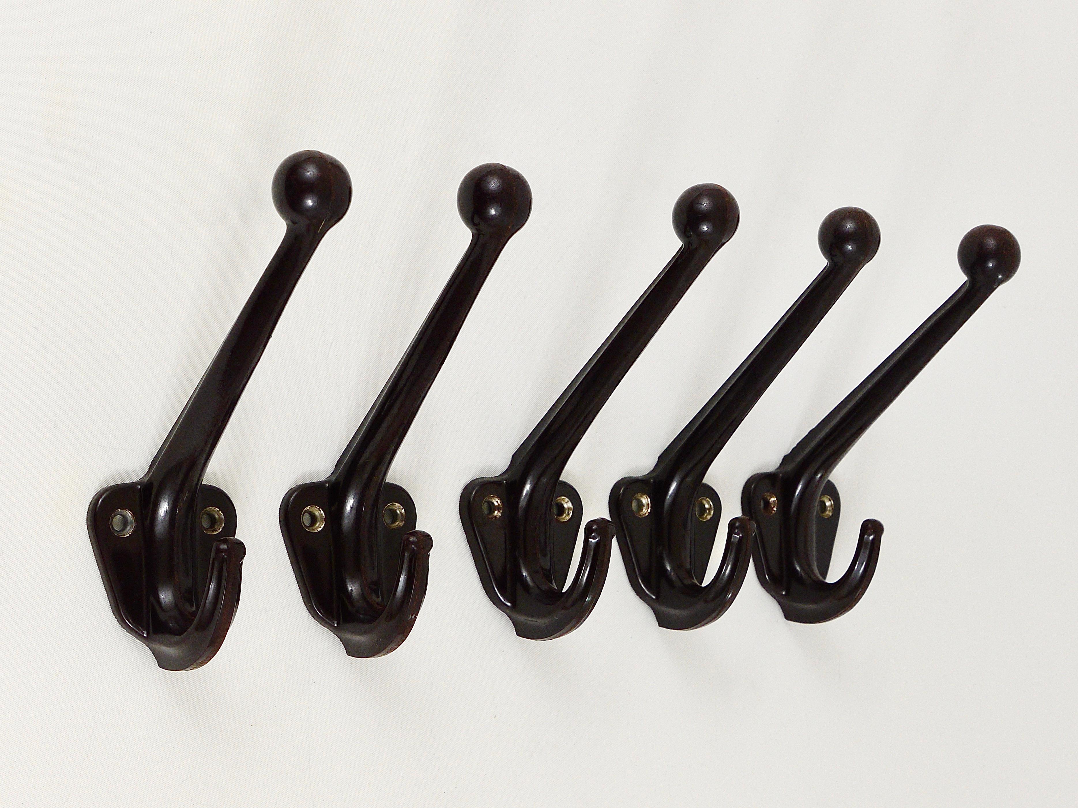 Mid-20th Century Five Beautiful Art Deco Bakelite Wall Coat Hooks, Austria, 1940s