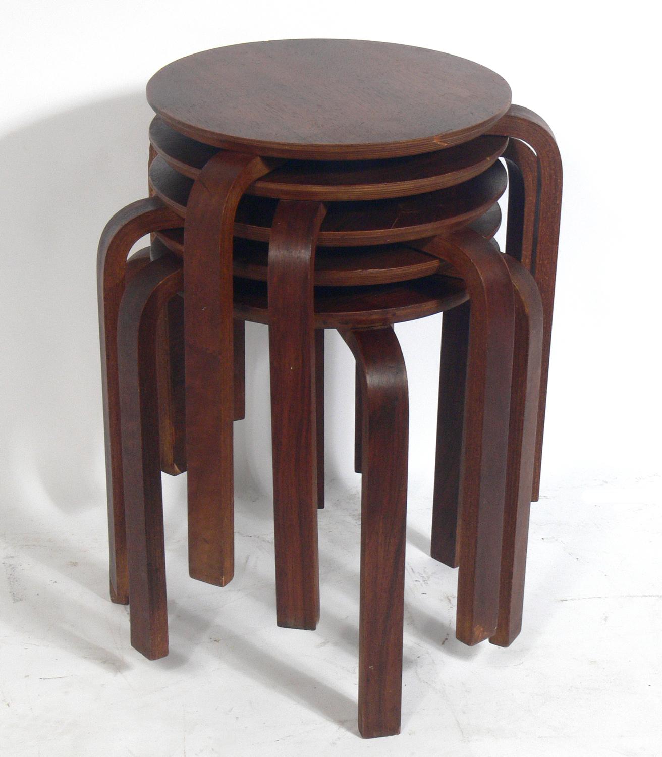 Five Bentwood Stacking tables or stools in the manner of Alvar Aalto, circa 1950s. These tables are currently being refinished and can be completed in your choice of color. The price noted includes refinishing in your choice of color.