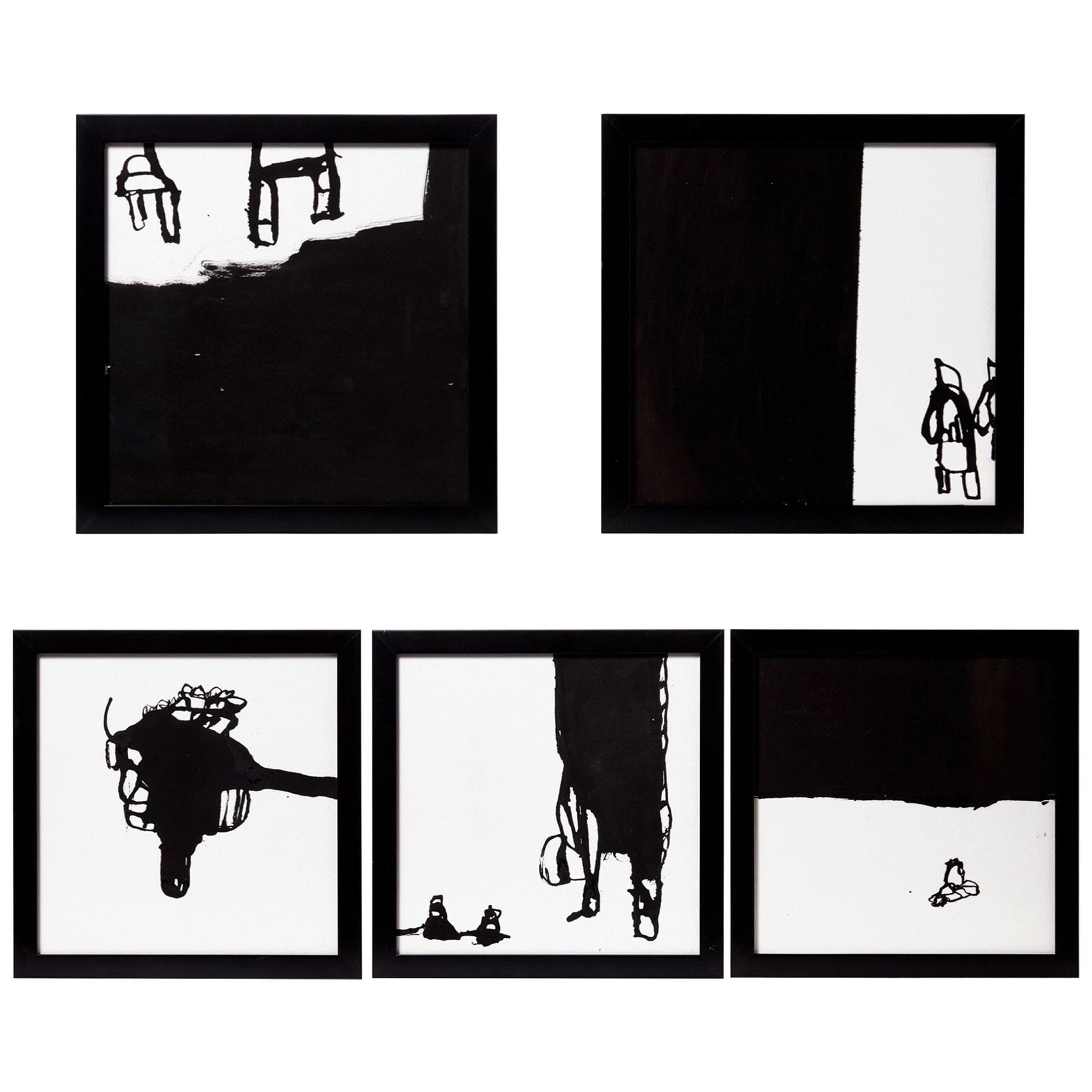 Cinq encres noires sur papier blanc de l'artiste Greg Dickerson